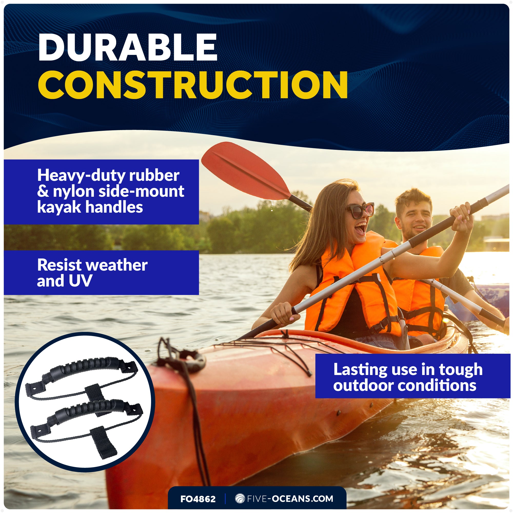 Kayak Side-Mount Handles with Bungee Paddle / Hook Holder, Black, 2-Pack - FO4862 - Five Oceans