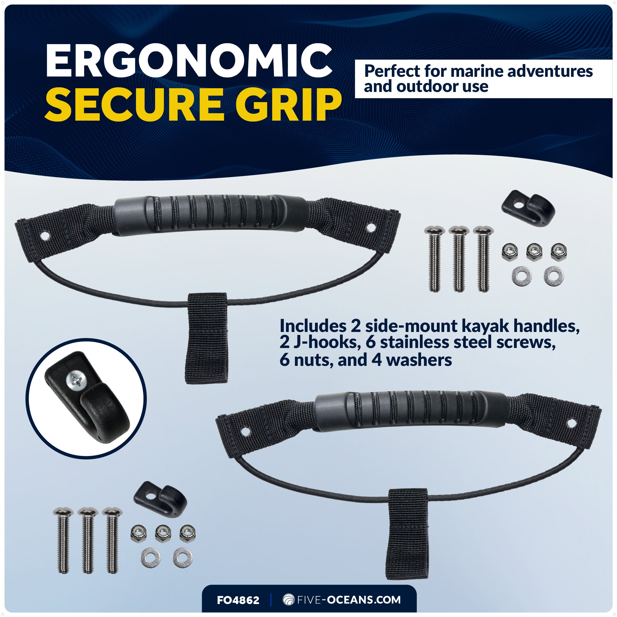 Kayak Side-Mount Handles with Bungee Paddle / Hook Holder, Black, 2-Pack - FO4862 - Five Oceans