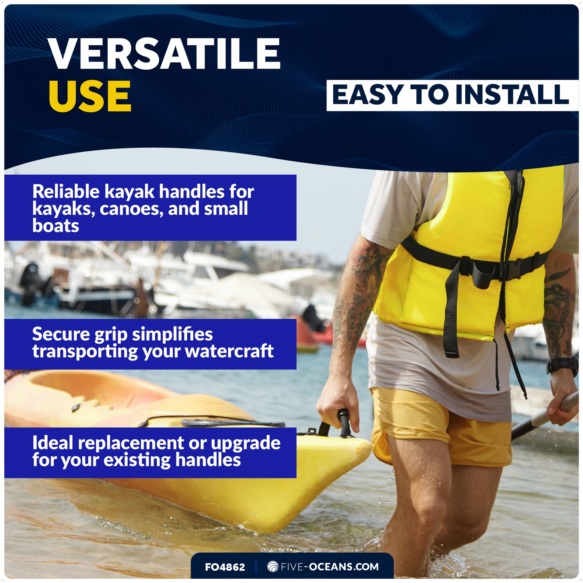 Kayak Side-Mount Handles with Bungee Paddle / Hook Holder, Black, 2-Pack - FO4862 - Five Oceans