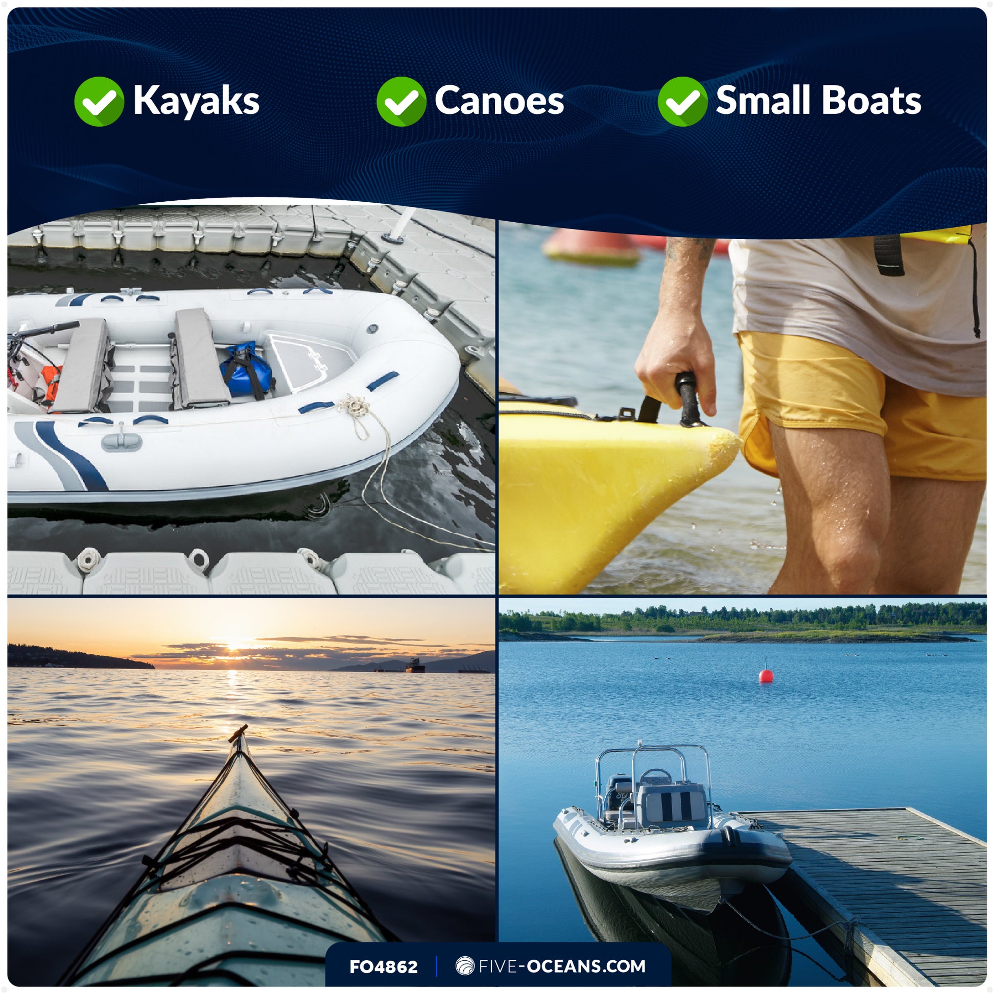 Kayak Side-Mount Handles with Bungee Paddle / Hook Holder, Black, 2-Pack - FO4862 - Five Oceans