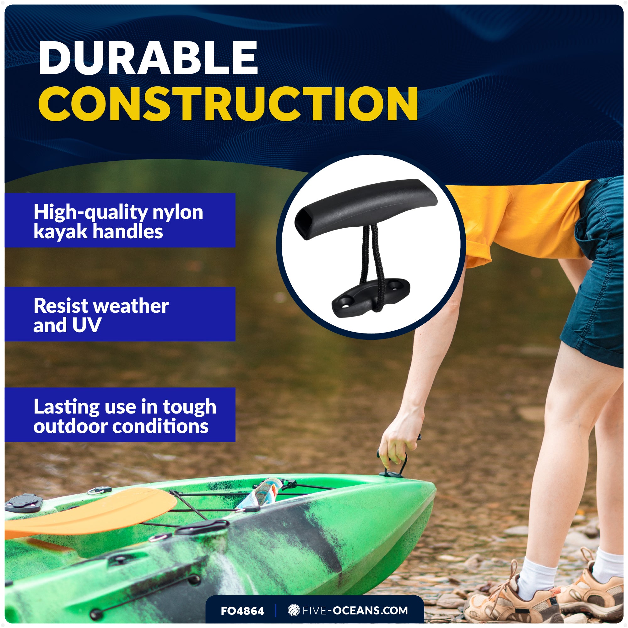 Kayak Handles with Cord & Pad Eye, Black, 2-Pack - FO4864 - Five Oceans