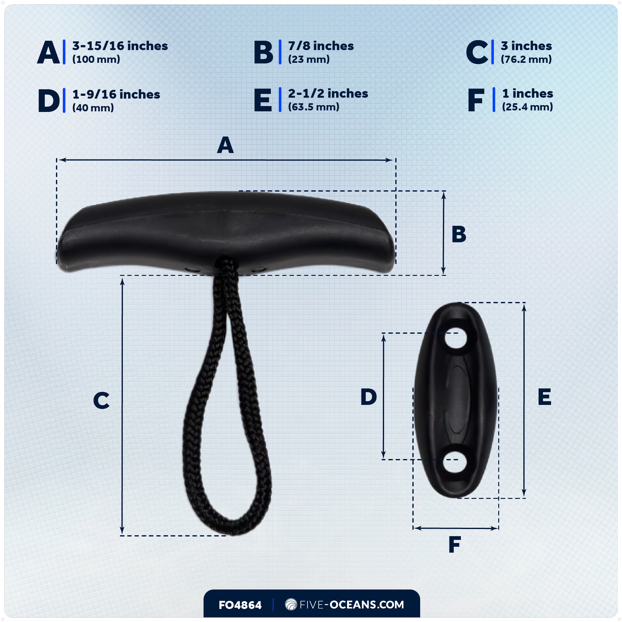 Kayak Handles with Cord & Pad Eye, Black, 2-Pack - FO4864 - Five Oceans