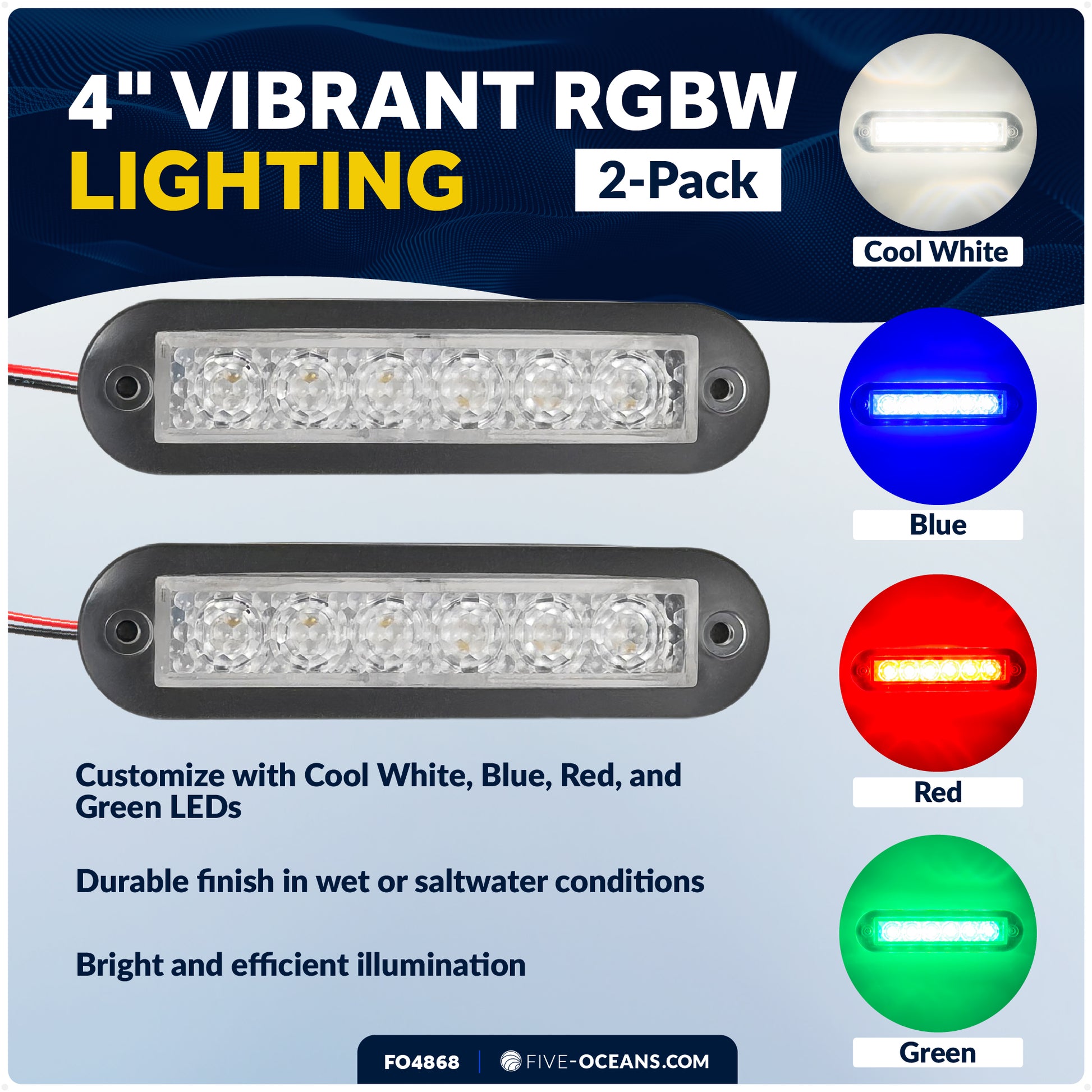 4" RGBW LED Interior Strip Lights, IP67 Waterproof, 12V - Flush Mount - 2-Pack - FO4868 - Five Oceans