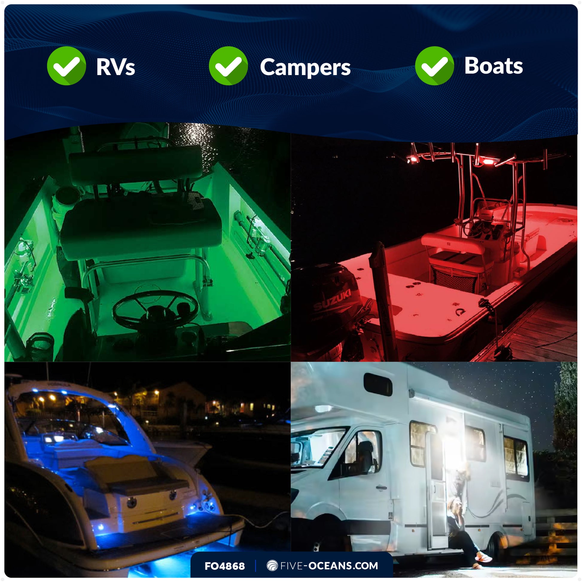 4" RGBW LED Recessed Strip Lights with Internal Driver, 12V, 2-Pack - FO4868 - Five Oceans