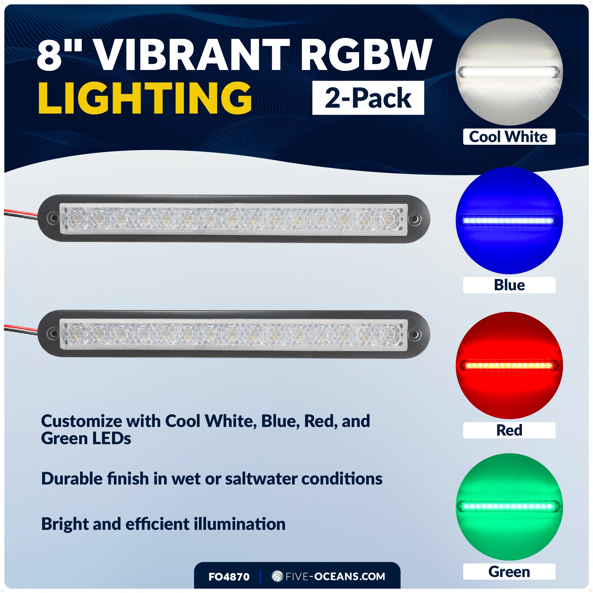 8" RGBW LED Interior Strip Lights, IP67 Waterproof, 12V - Flush Mount - 2-Pack - FO4870 - Five Oceans