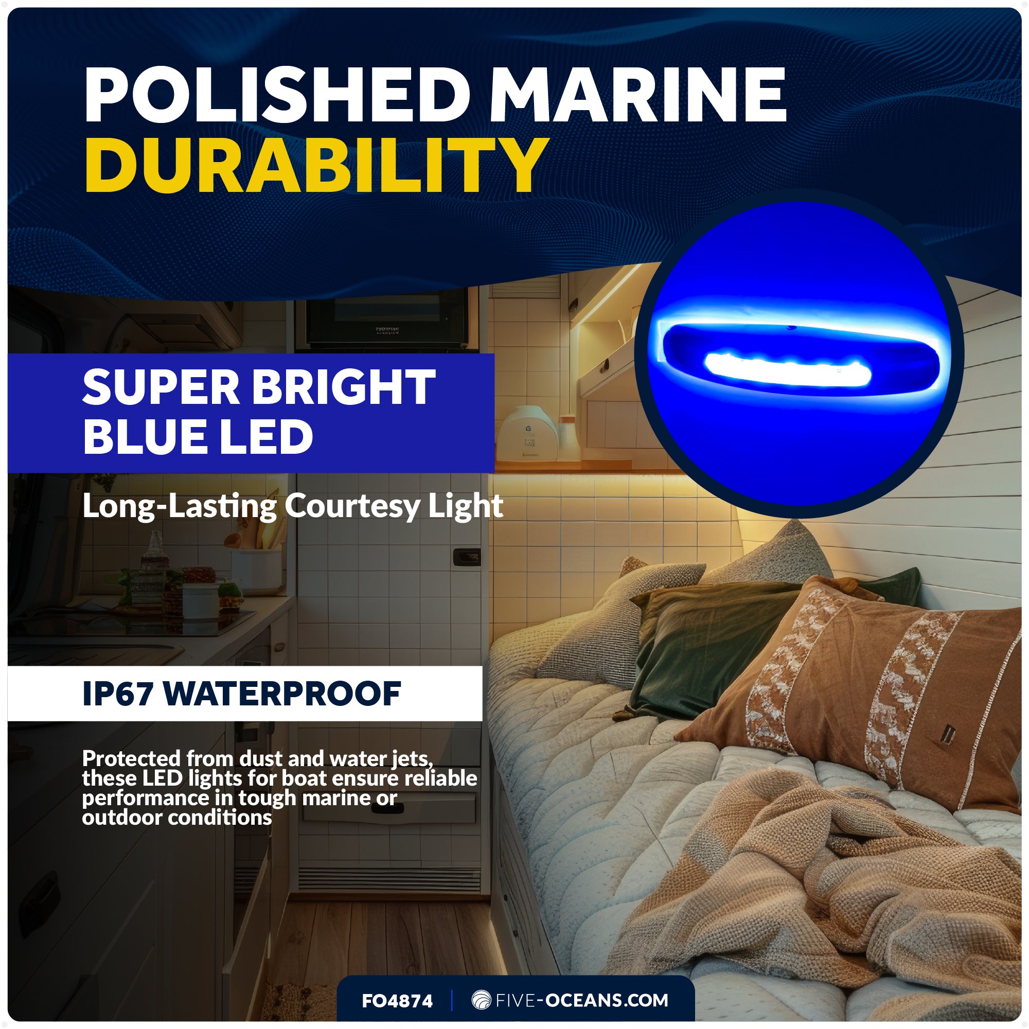 3" LED Boat Courtesy Light, Blue, IP67 Waterproof, 12V, 2-Pack - FO4874 - Five Oceans