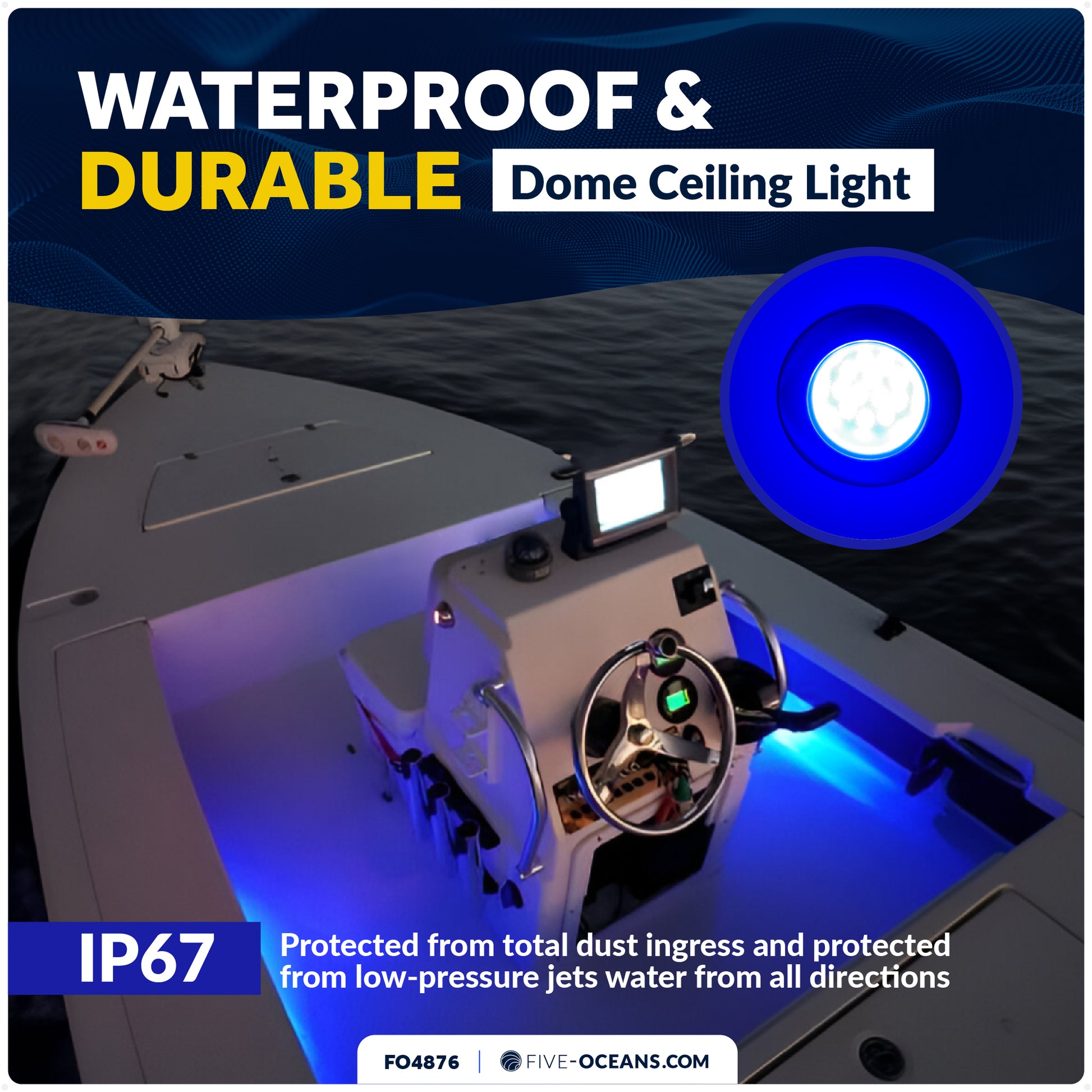 RGBW LED Interior Dome Ceiling Light, 2-3/4" Round, IP67 Waterproof, 12V - FO4876 - Five Oceans