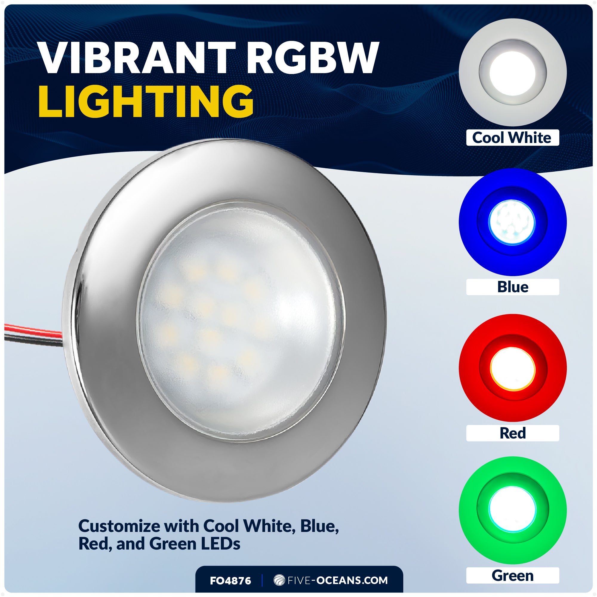 RGBW LED Interior Dome Ceiling Light, 2-3/4" Round, IP67 Waterproof, 12V - FO4876 - Five Oceans