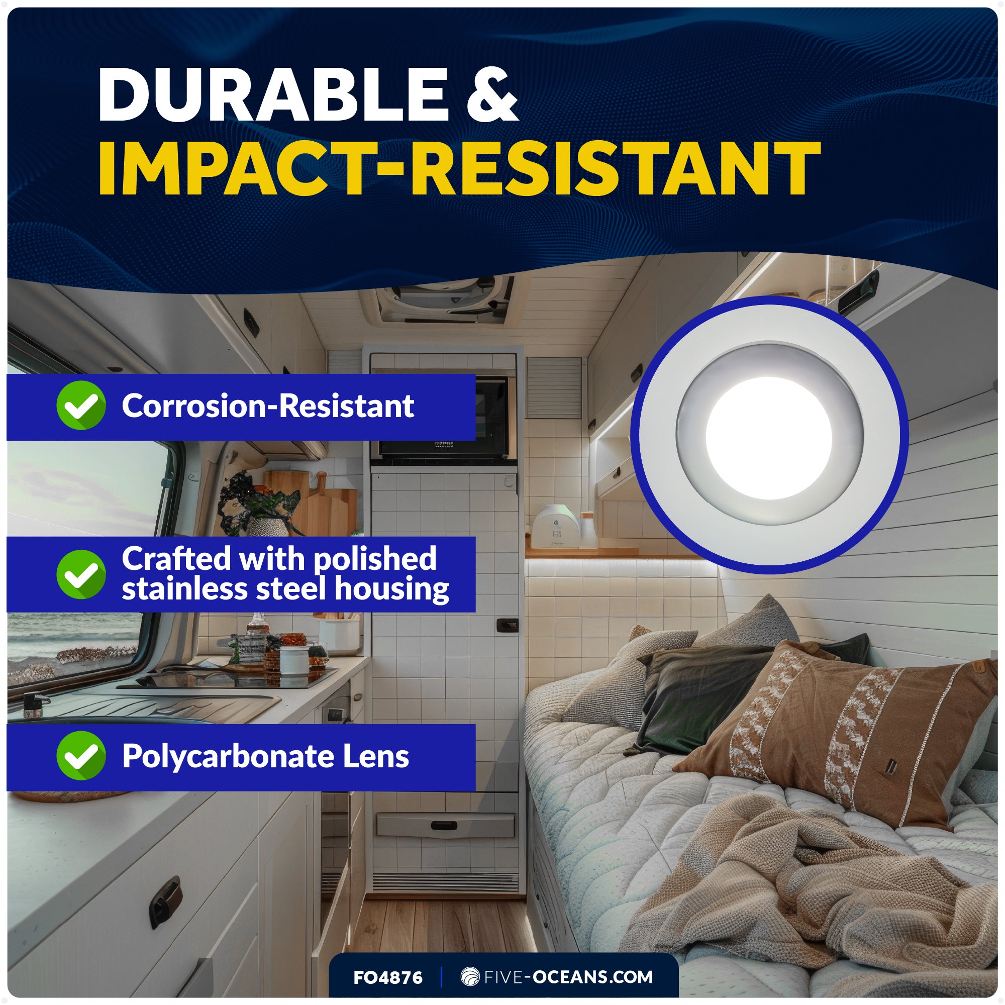 RGBW LED Interior Dome Ceiling Light, 2-3/4" Round, IP67 Waterproof, 12V - FO4876 - Five Oceans
