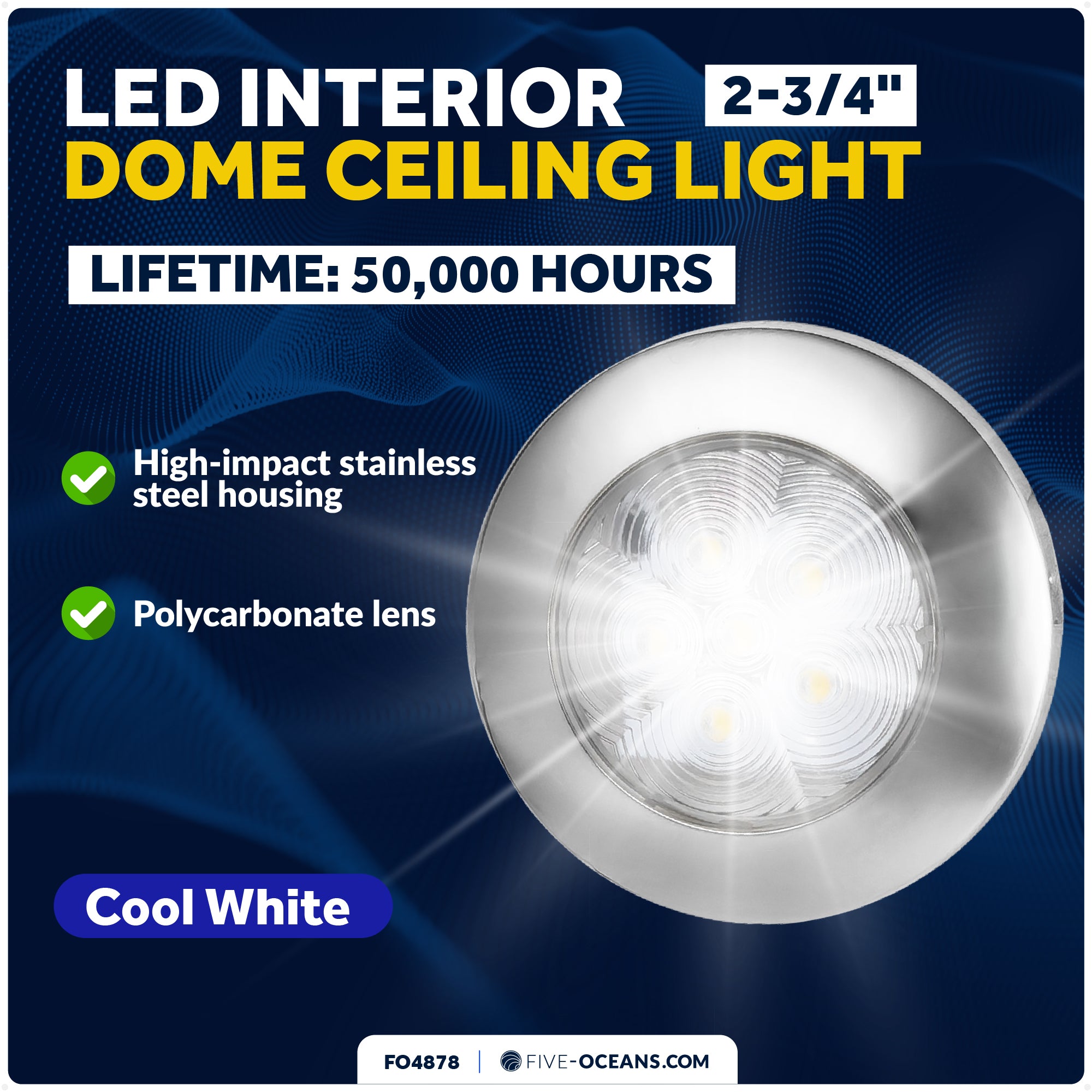 2-3/4" Surface-Mount LED Slim Dome / Ceiling Light, Daylight White, Stainless Steel Housing, 12V - FO4878 - Five Oceans