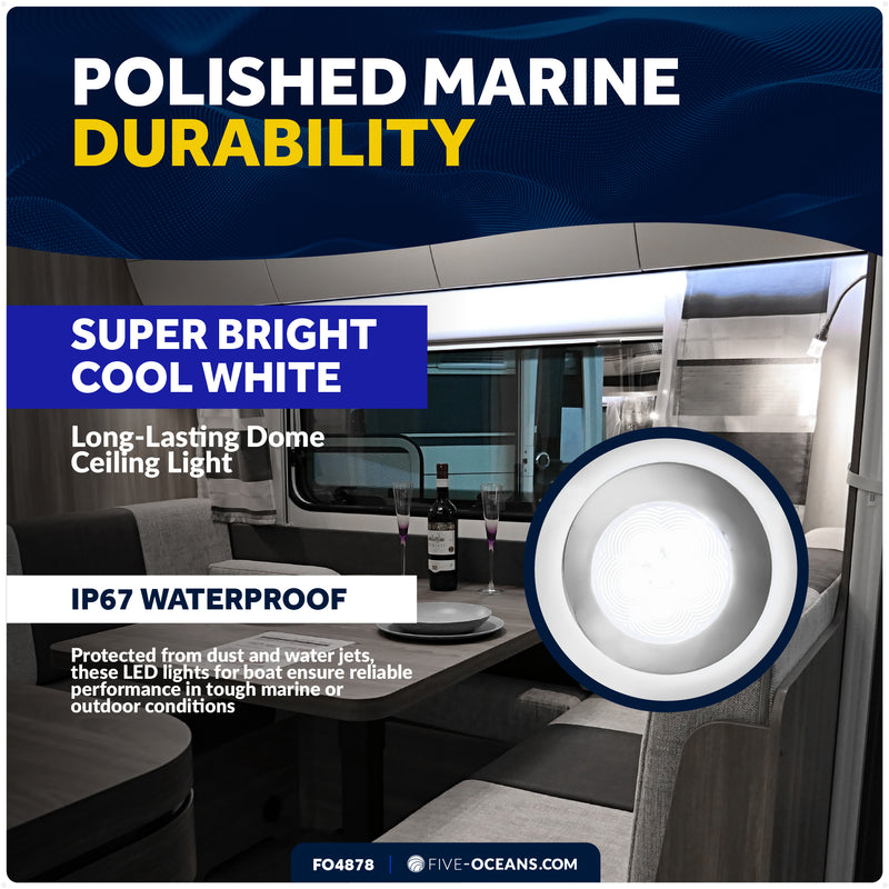 2-3/4" Surface-Mount LED Slim Dome / Ceiling Light, Daylight White, Stainless Steel Housing, 12V - FO4878 - Five Oceans