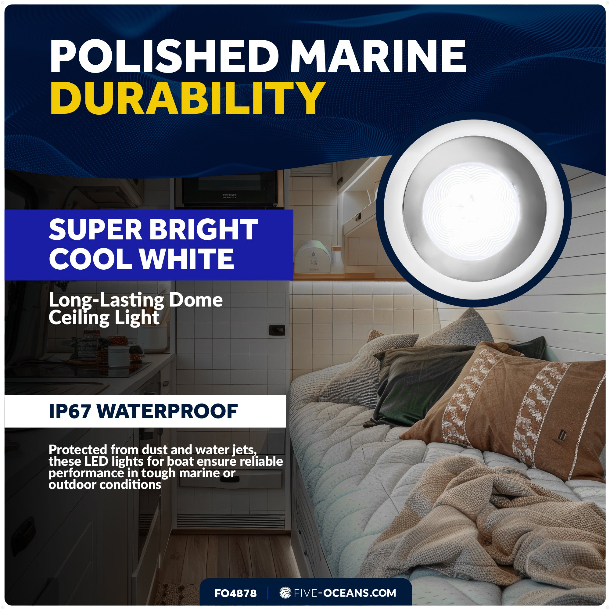 2-3/4" Surface-Mount LED Slim Dome / Ceiling Light, Daylight White, Stainless Steel Housing, 12V - FO4878 - Five Oceans