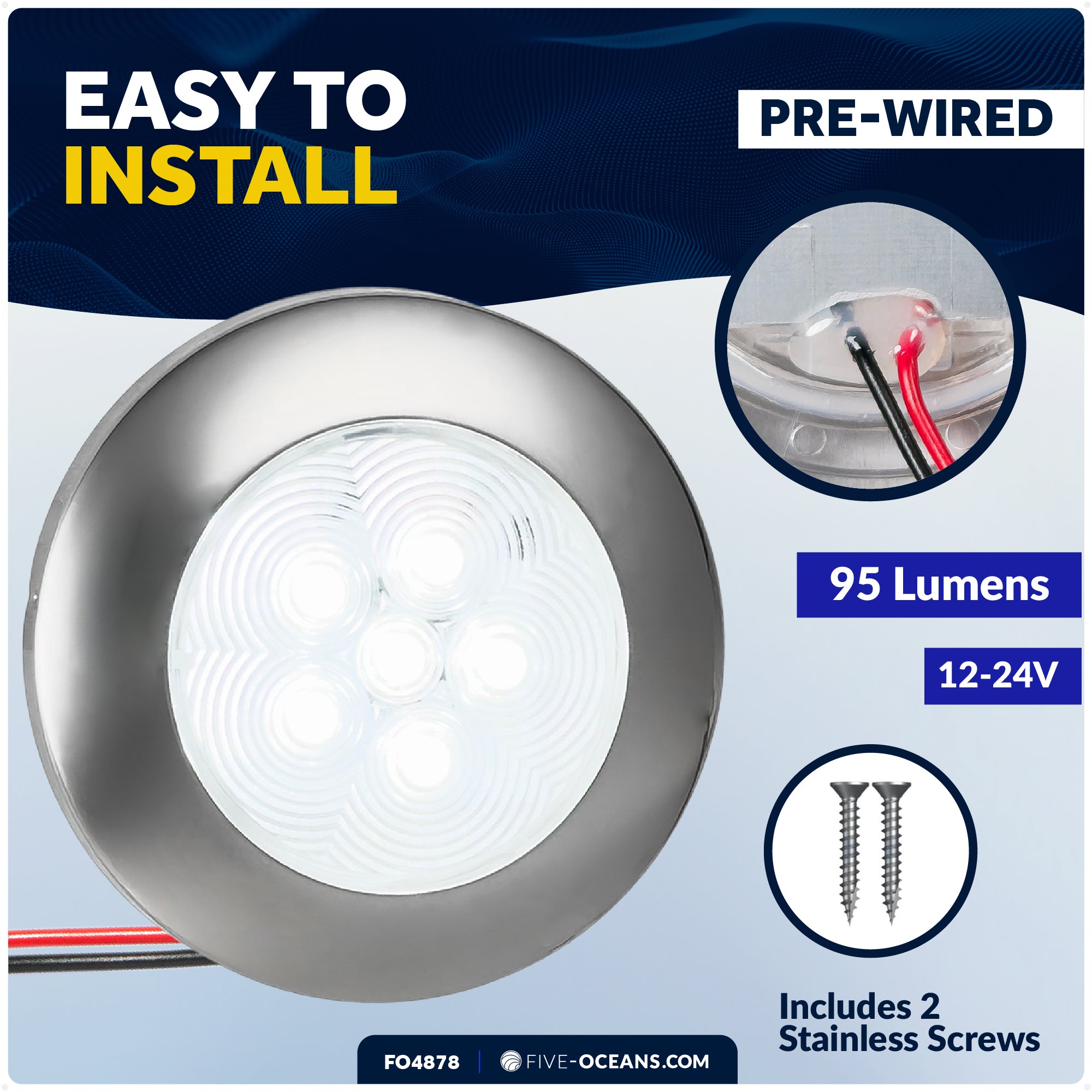 2-3/4" Surface-Mount LED Slim Dome / Ceiling Light, Daylight White, Stainless Steel Housing, 12V - FO4878 - Five Oceans