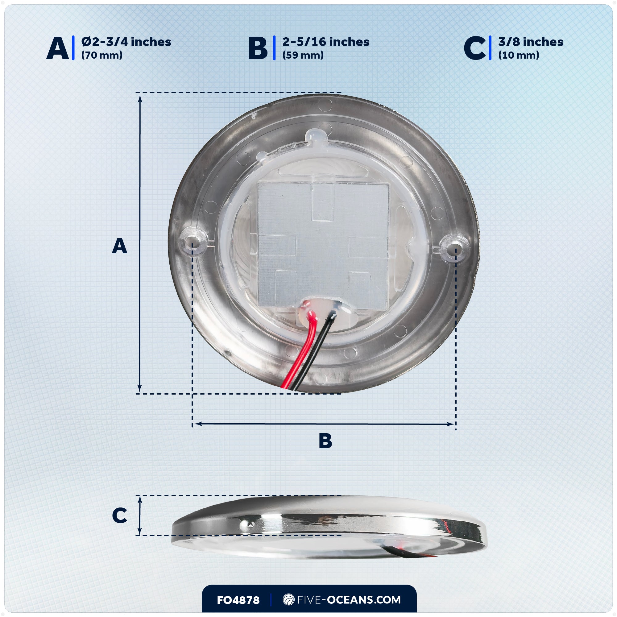 LED Interior Dome Ceiling Light, 2-3/4" Slim Round, Cool White, IP67 Waterproof, 12-24V - FO4878 - Five Oceans