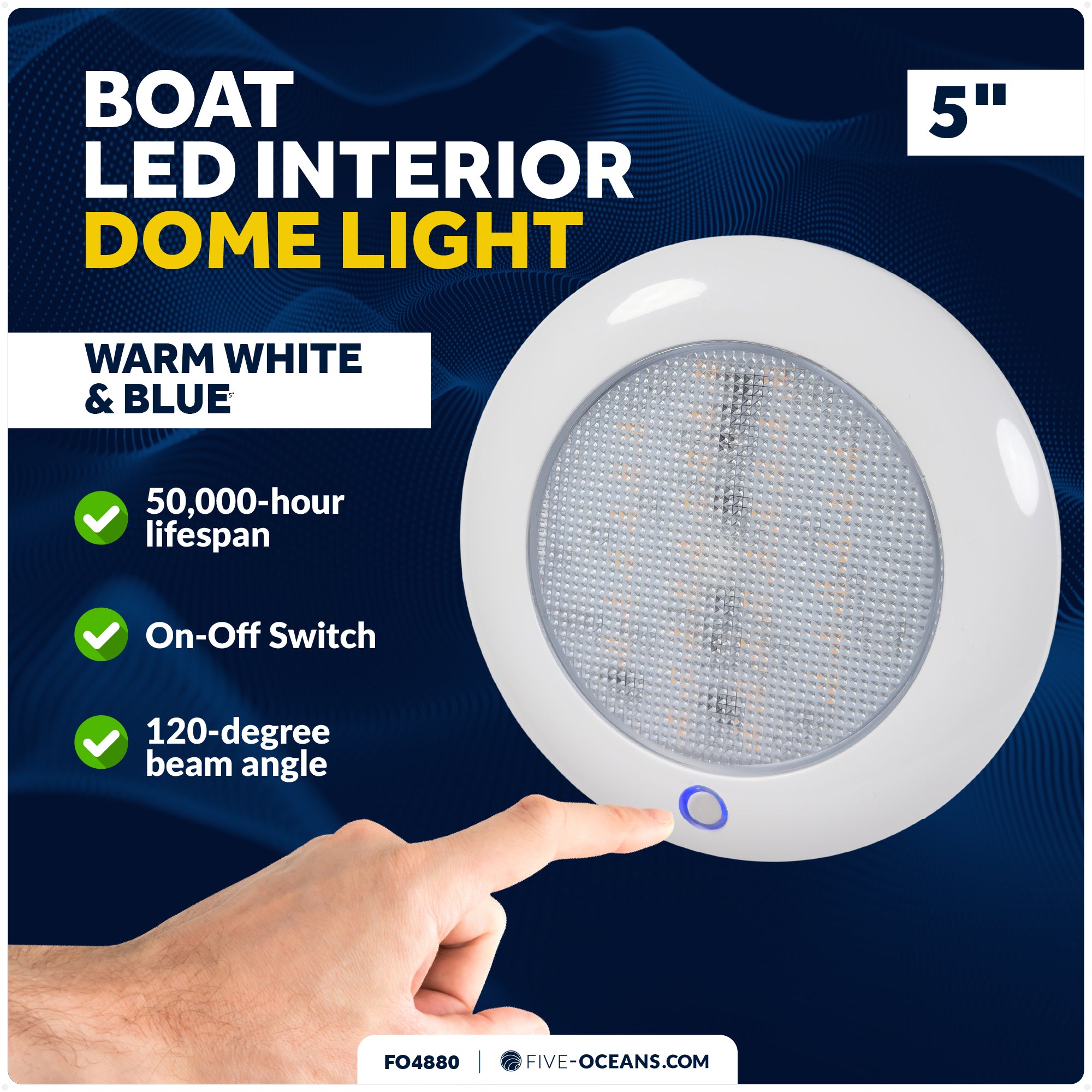 LED Interior Dome Ceiling Light, 5" Slim Round, Warm White & Blue, IP65 Waterproof, 12V, FO4880 - Five Oceans