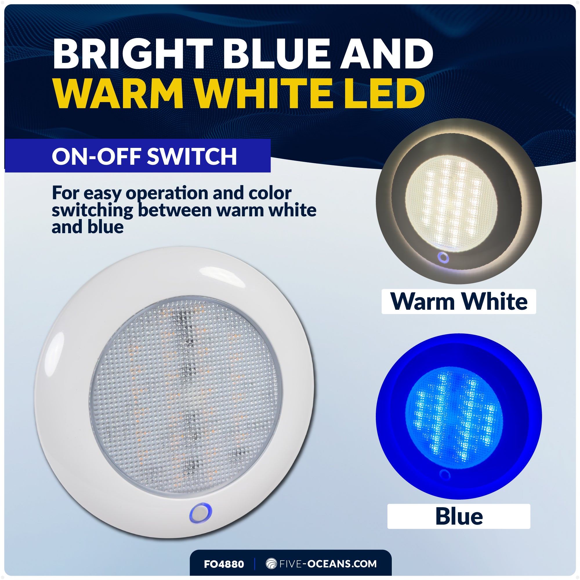 LED Interior Dome Ceiling Light, 5" Slim Round, Warm White & Blue, IP65 Waterproof, 12V, FO4880 - Five Oceans