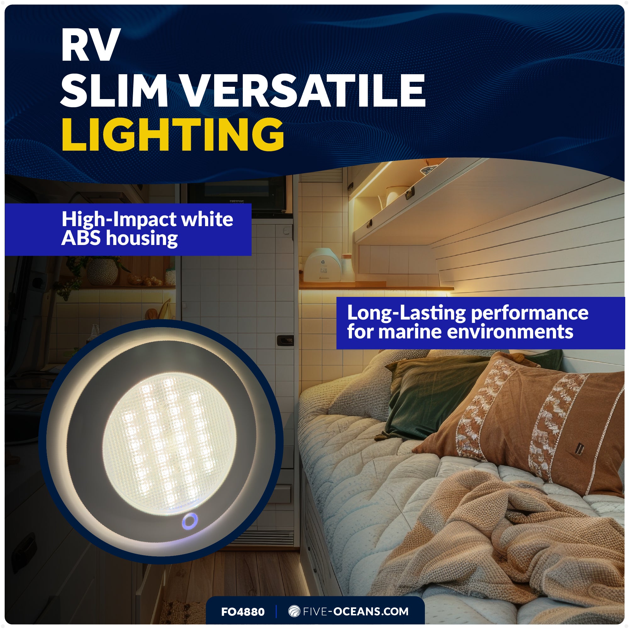 LED Interior Dome Ceiling Light, 5" Slim Round, Warm White & Blue, IP65 Waterproof, 12V, FO4880 - Five Oceans