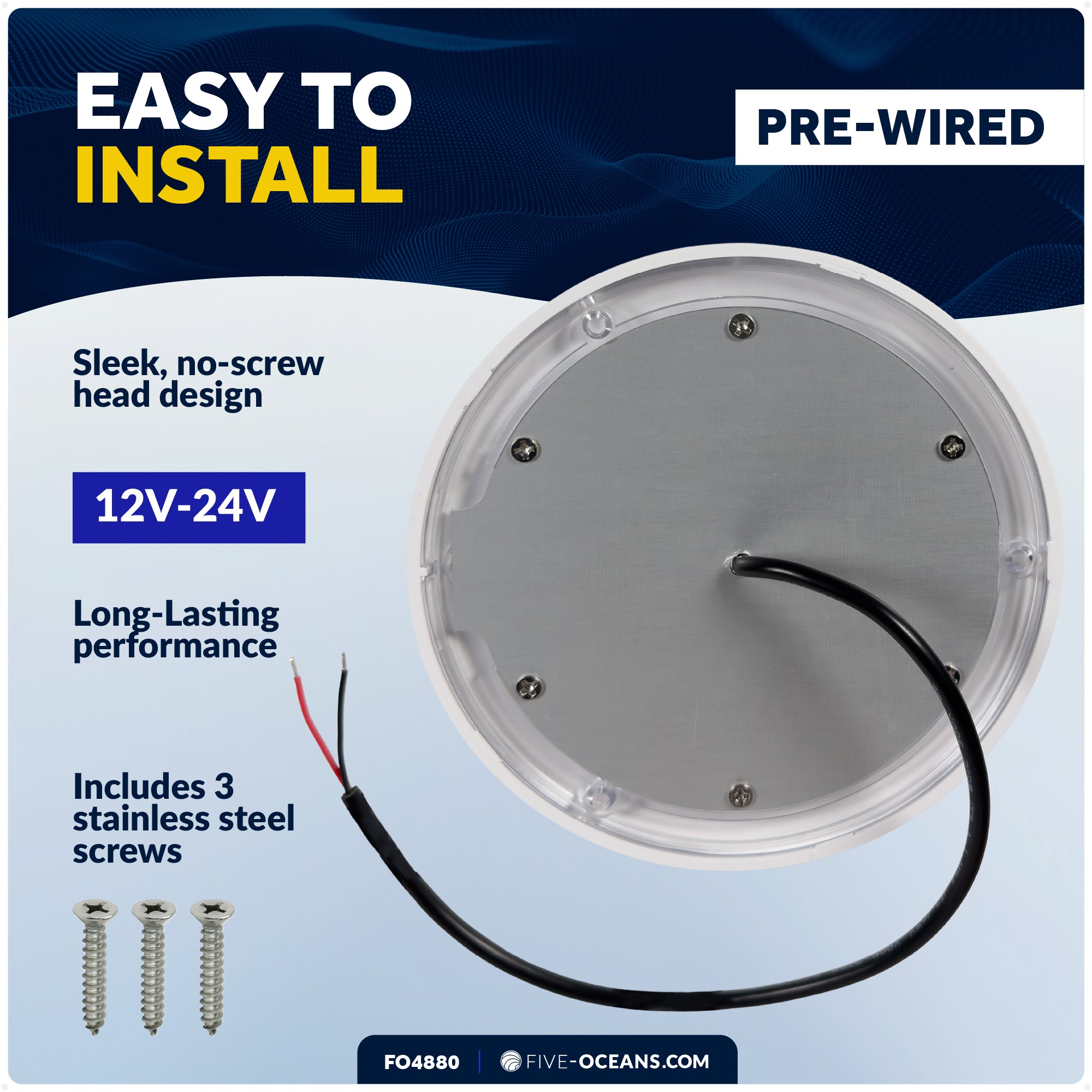 LED Interior Dome Ceiling Light, 5" Slim Round, Warm White & Blue, IP65 Waterproof, 12V, FO4880 - Five Oceans