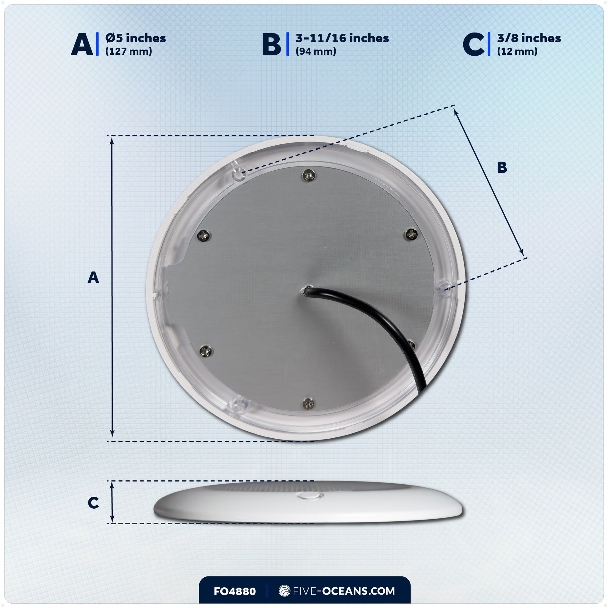 LED Interior Dome Ceiling Light, 5" Slim Round, Warm White & Blue, IP65 Waterproof, 12V, FO4880 - Five Oceans