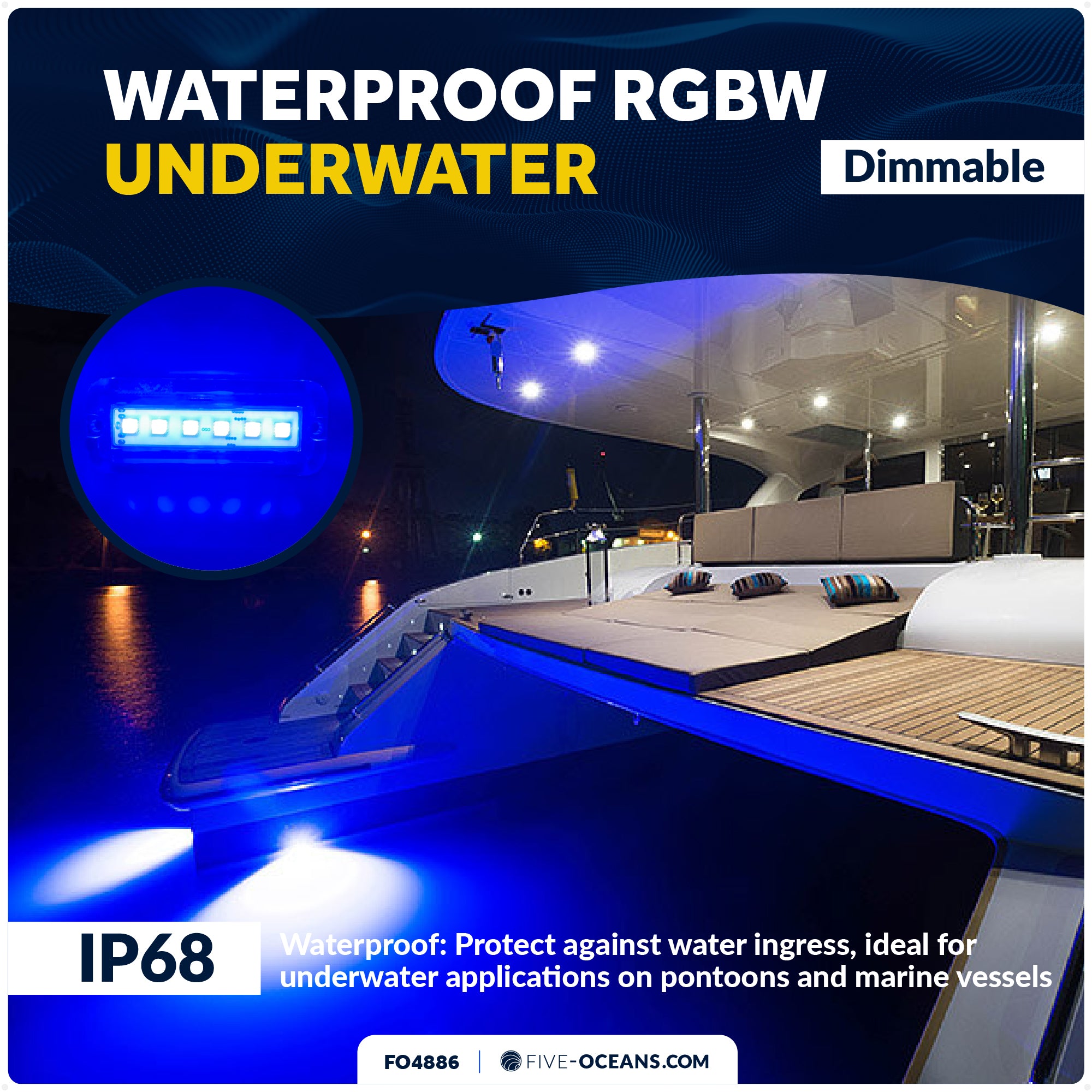 RGBW Underwater Light, IP68 Waterproof, Dimmable, 12V DC, 2-Pack - FO4886 - Five Oceans
