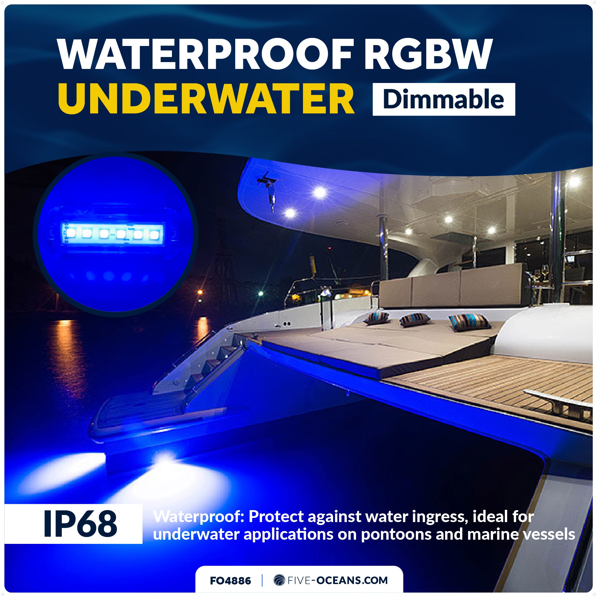 RGBW Underwater Light, Dimmable, 12V DC, 2-Pack - FO4886 - Five Oceans
