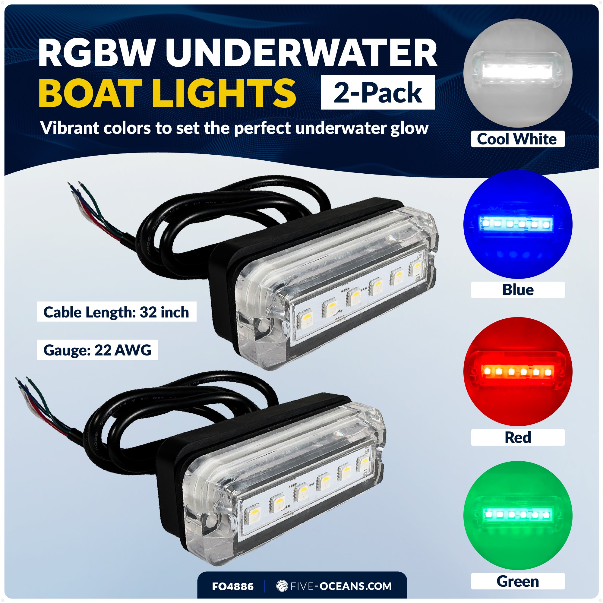 RGBW Underwater Light, IP68 Waterproof, Dimmable, 12V DC, 2-Pack - FO4886 - Five Oceans