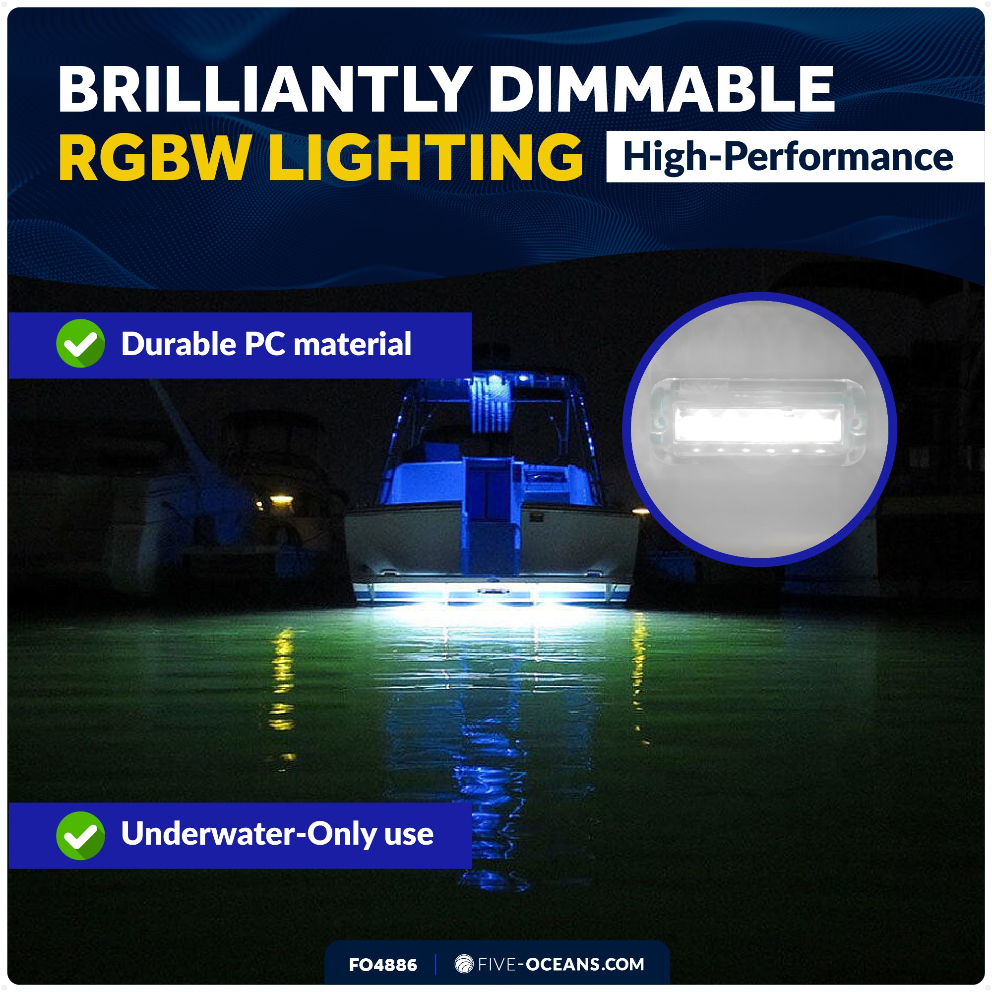 RGBW Underwater Light, IP68 Waterproof, Dimmable, 12V DC, 2-Pack - FO4886 - Five Oceans