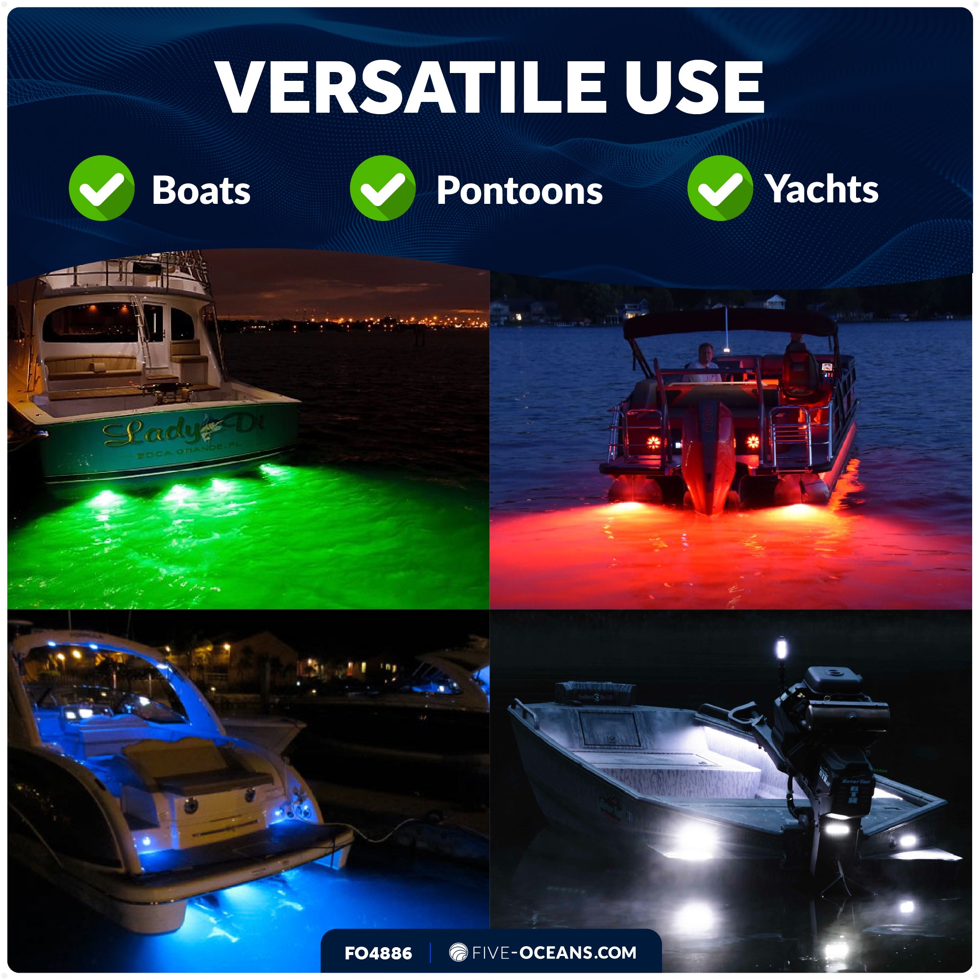 RGBW Underwater Light, IP68 Waterproof, Dimmable, 12V DC, 2-Pack - FO4886 - Five Oceans