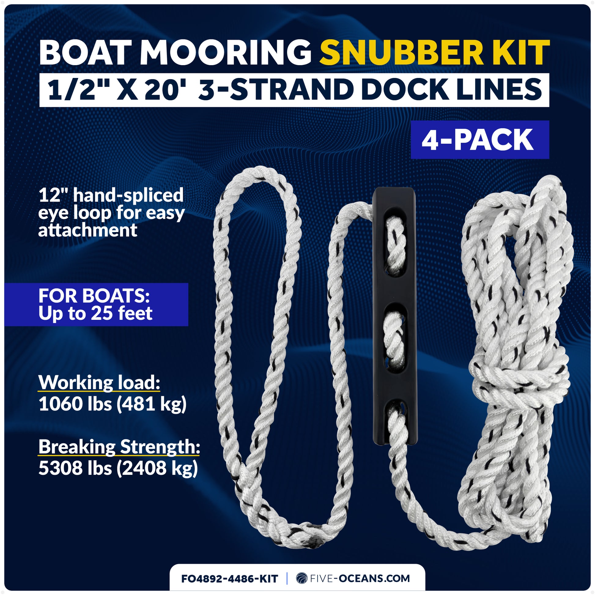 Boat Mooring Snubber Kit, 1/2" x 20' 3-Strand Ropes with 12" Eye Loop & EPDM Rubber Snubbers, 4-Pack - FO4892-4486-KIT - Five Oceans