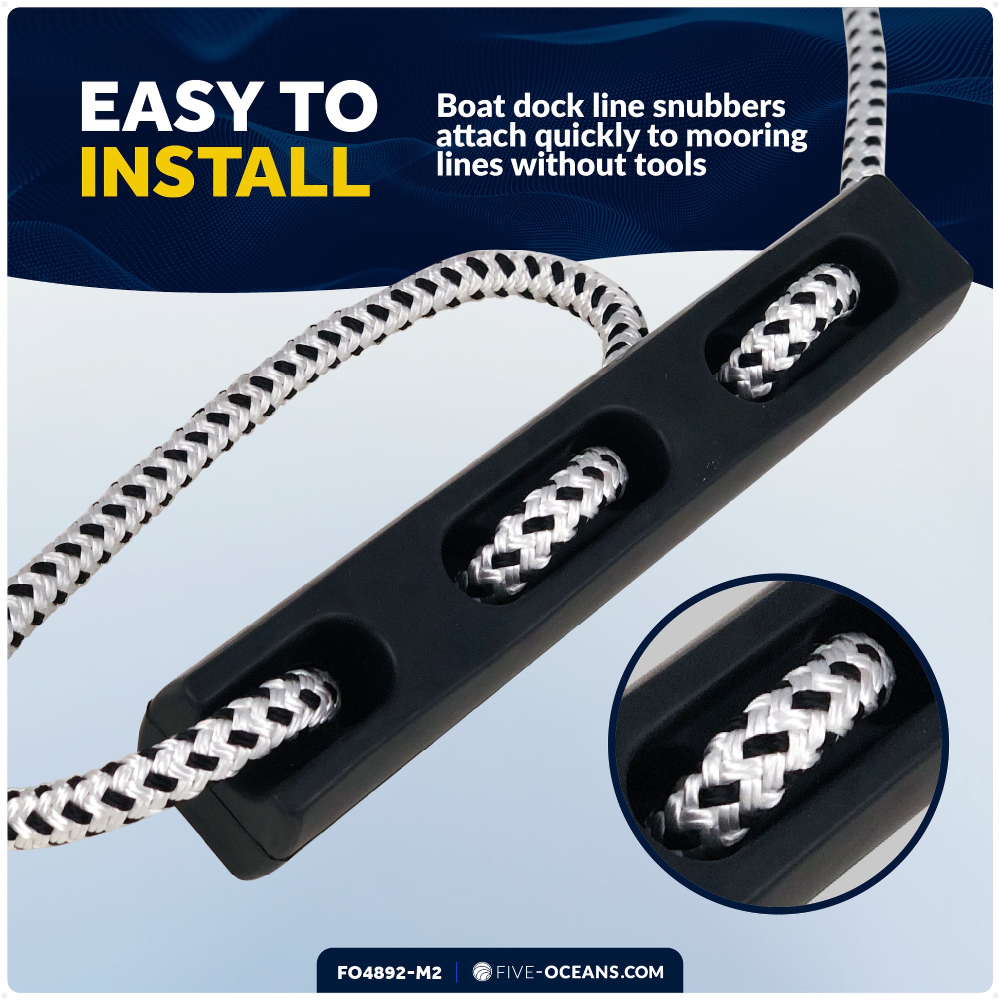 Mooring Snubber for Dock Lines, Fits 1/2" - 9/16" Rope, Rubber, 2-Pack - FO4892-M2 - Five Oceans