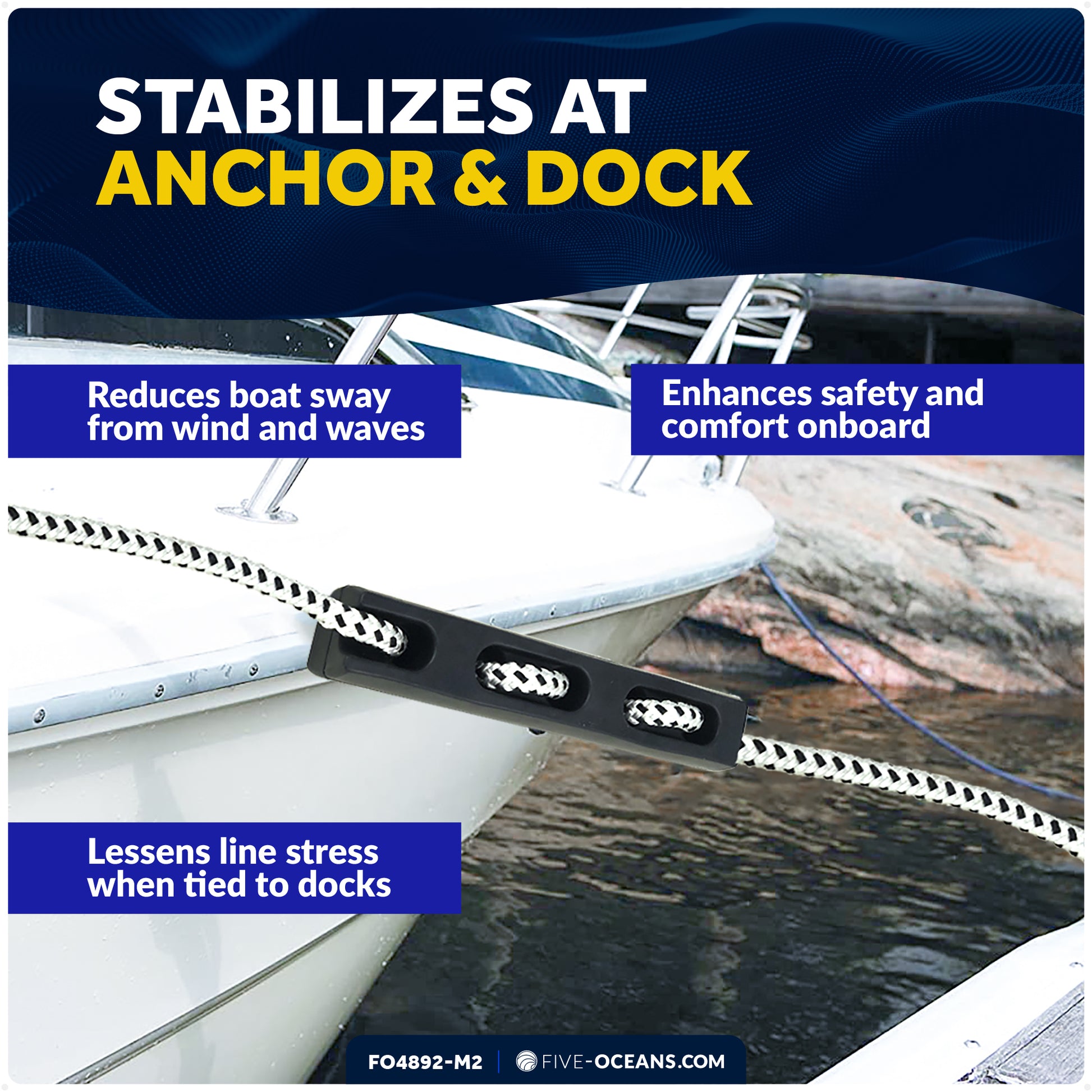 Marine Rubber Boat Dock Line Mooring Snubbers, 1/2" to 9/16" Rope (12mm-14mm), EPDM Rubber, 2-Pack - FO4892-M2 - Five Oceans