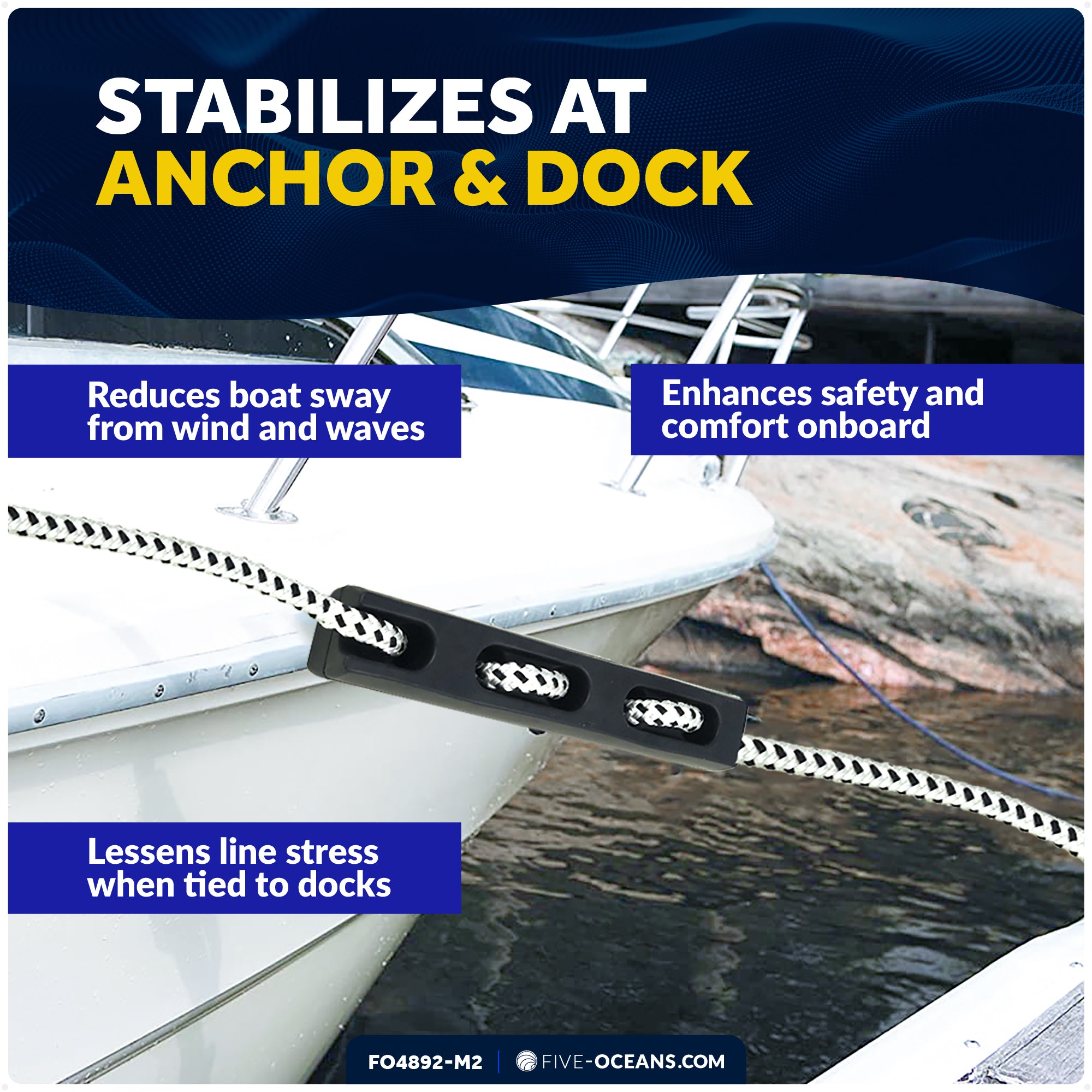 Mooring Snubber for Dock Lines, Fits 1/2" - 9/16" Rope, Rubber, 2-Pack - FO4892-M2 - Five Oceans