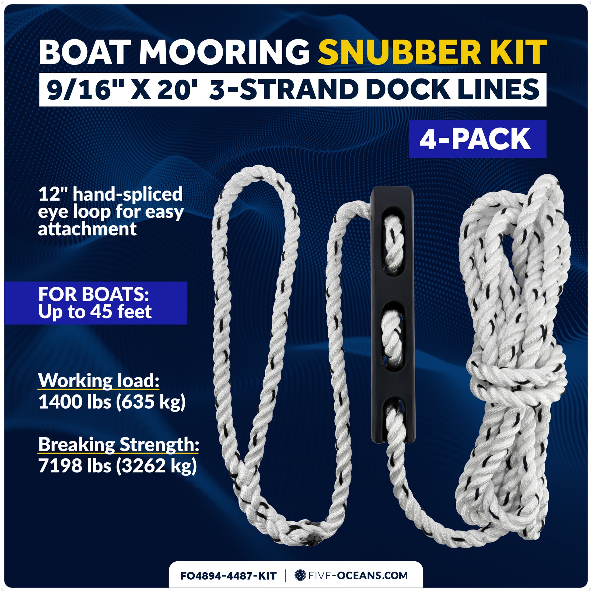 Boat Mooring Snubber Kit, 9/16" x 20' 3-Strand Ropes with 12" Eye Loop & EPDM Rubber Snubbers, 4-Pack - FO4894-4487-KIT - Five Oceans