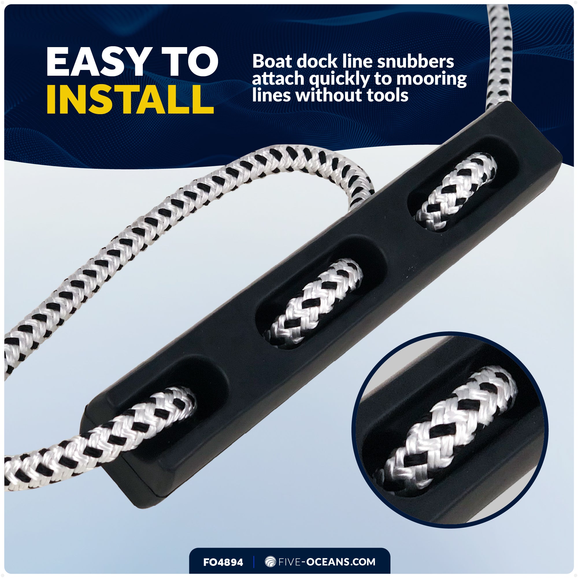 Mooring Snubber for Dock Lines, Fits 5/8" - 11/16" Rope, Rubber - FO4894 - Five Oceans