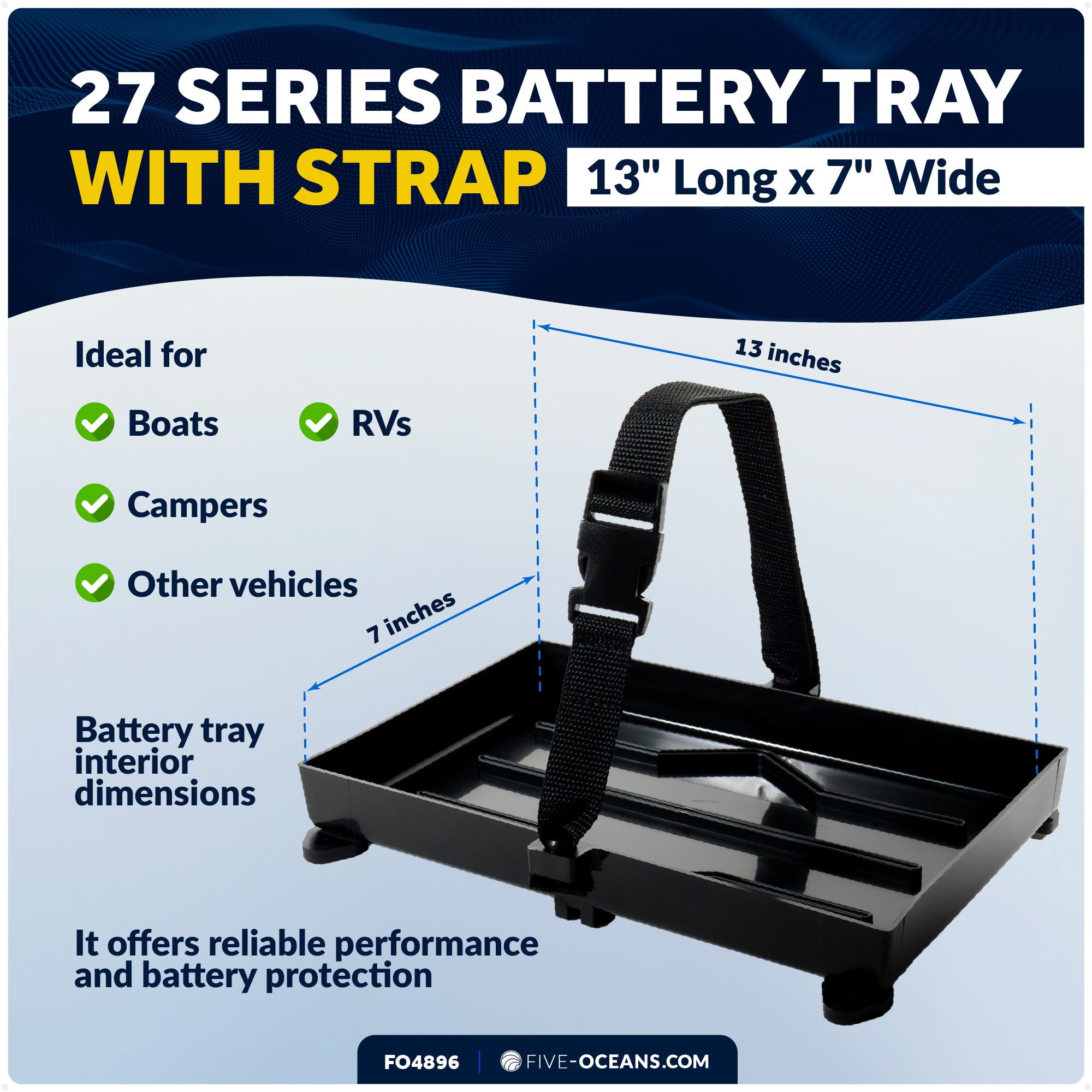 Group 27 Battery Tray with Hold-Down Strap, Black, 13" x 7" - FO-4896