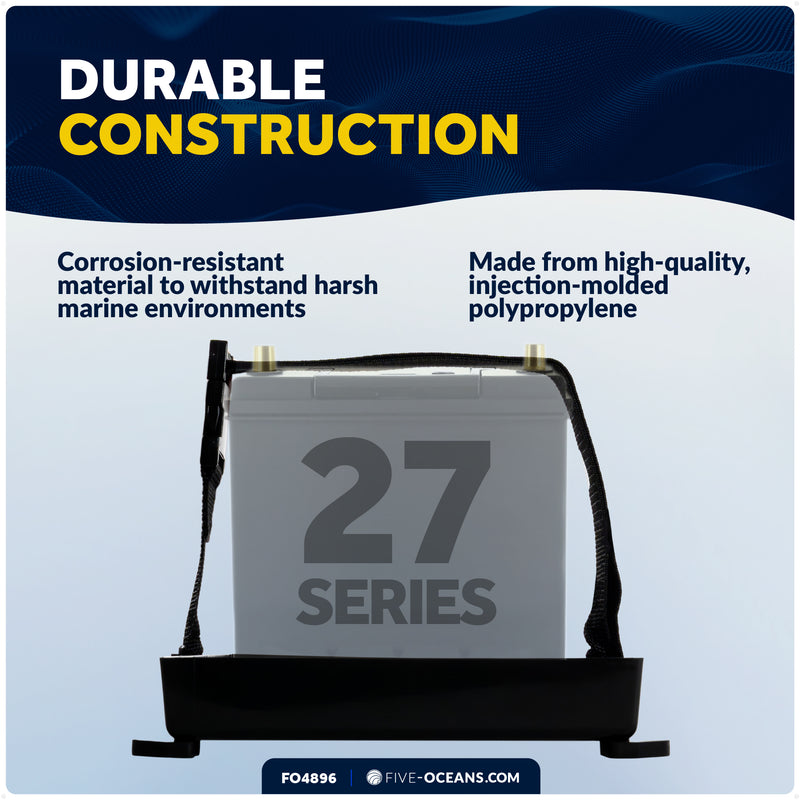 13" x 7" Group 27 Battery Tray with Hold-Down Strap, Black - FO4896 - Five Oceans