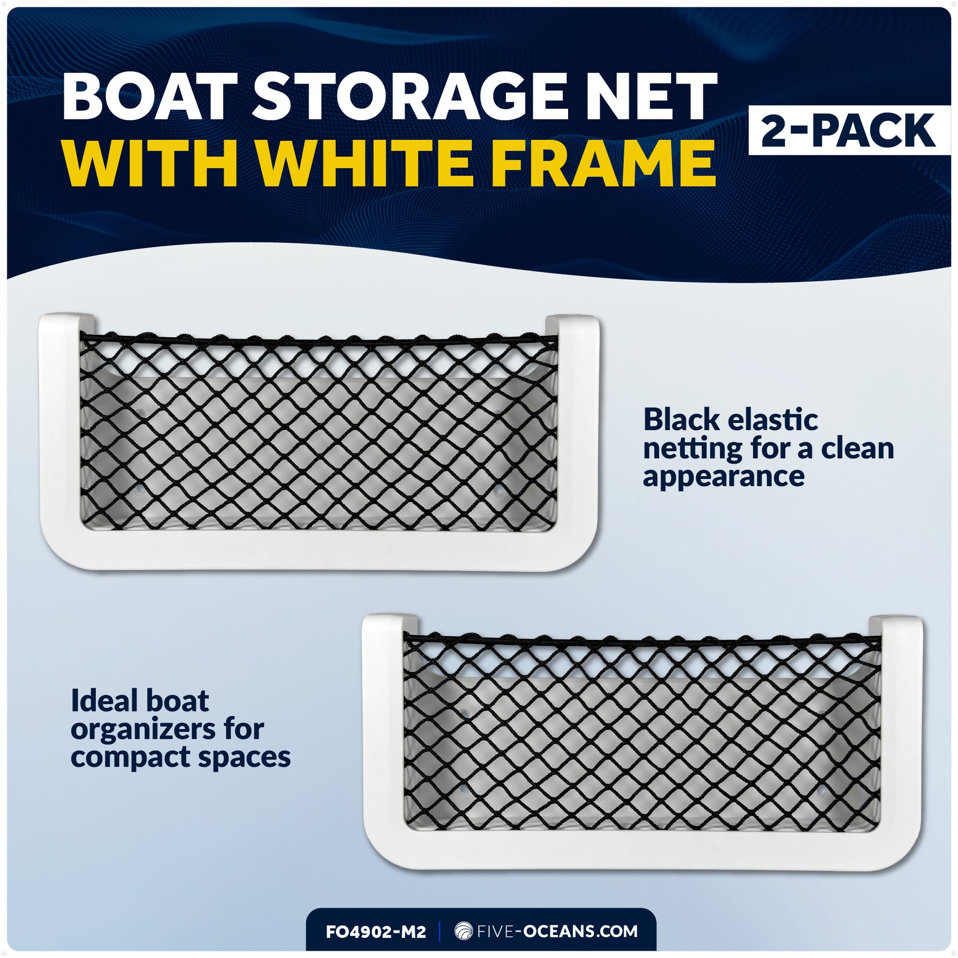 Boat Storage Net, White Frame, Black Elastic Netting, 9-7/8" x 4-1/2", 2-Pack - FO4902-M2 - Five Oceans
