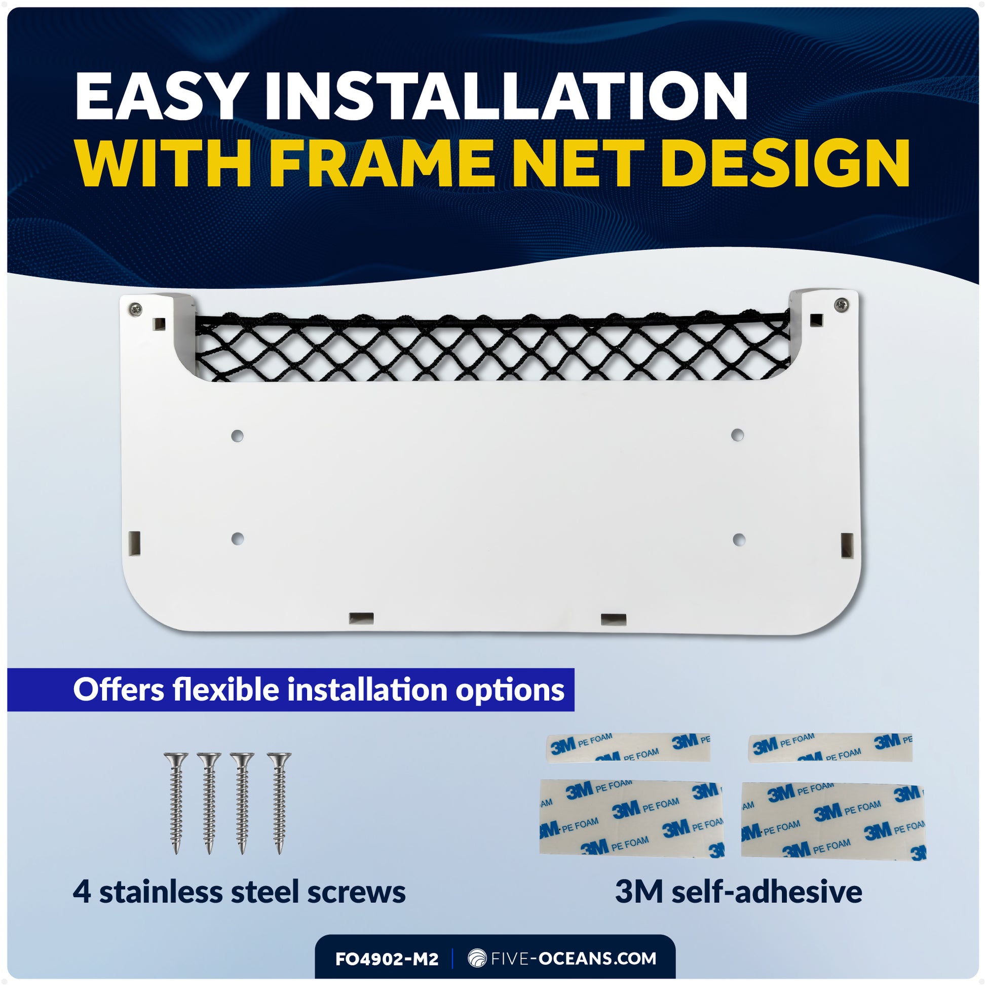Boat Storage Net, White Frame, Black Elastic Netting, 9-7/8" x 4-1/2", 2-Pack - FO4902-M2 - Five Oceans
