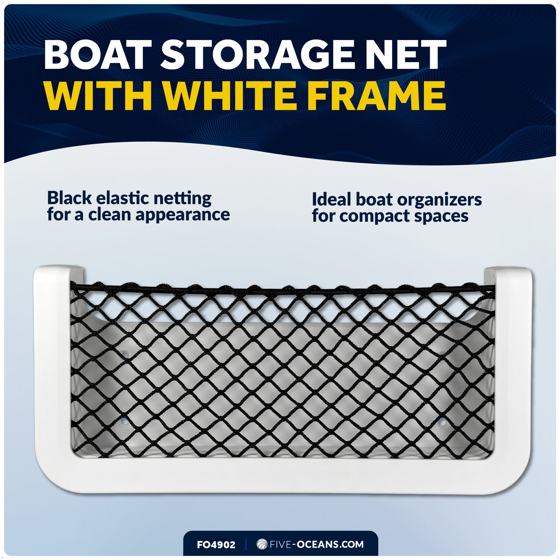 Boat Storage Net, White Frame, Black Elastic Netting, 9-7/8" x 4-1/2" - FO4902 - Five Oceans
