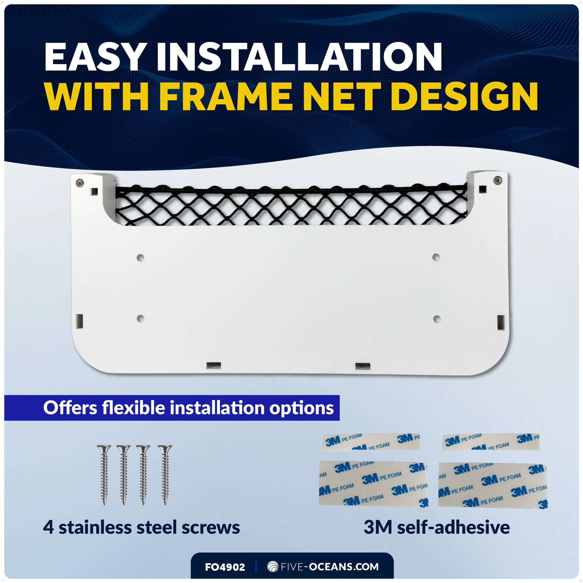 Boat Storage Net, White Frame, Black Elastic Netting, 9-7/8" x 4-1/2" - FO4902 - Five Oceans