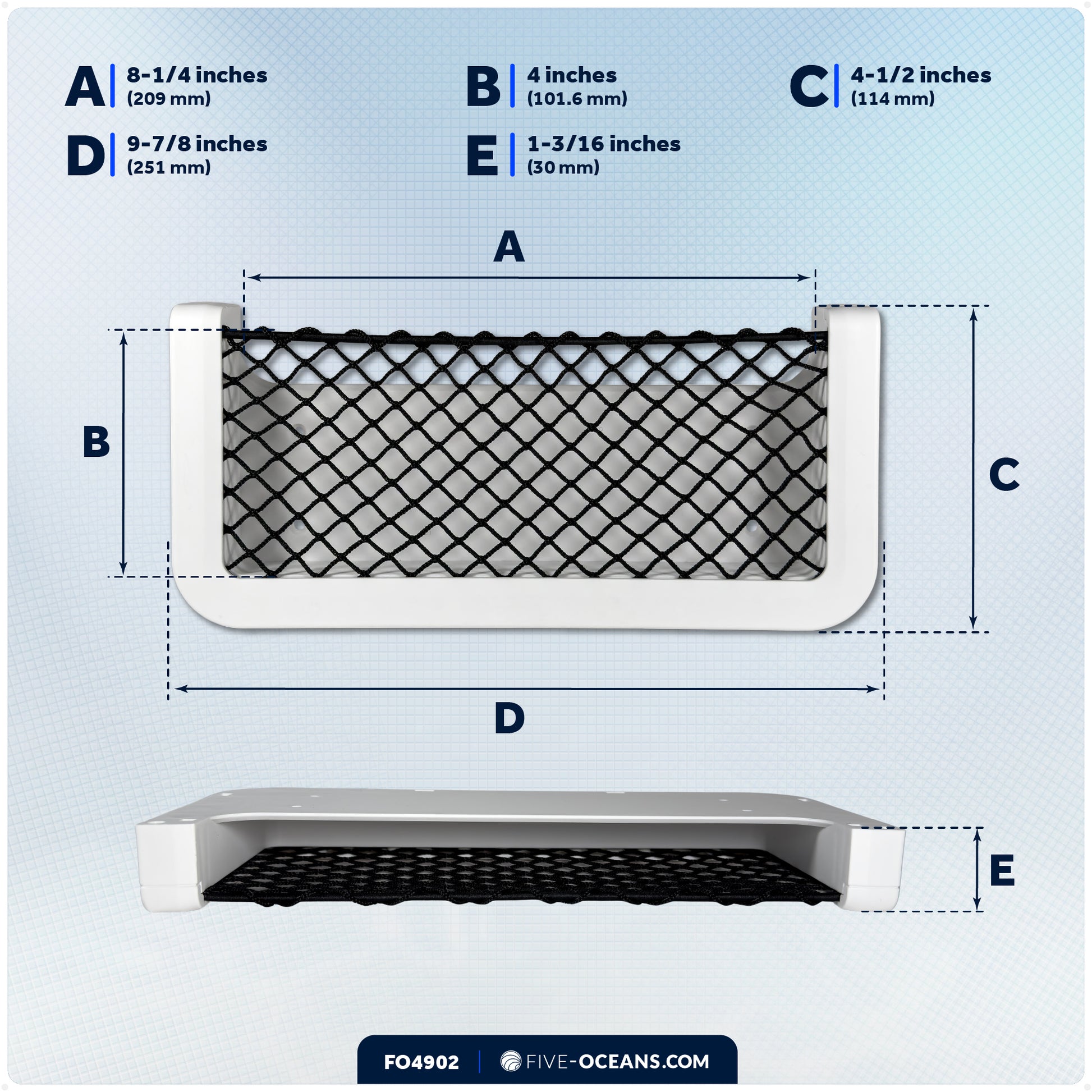 Boat Storage Net, White Frame, Black Elastic Netting, 9-7/8" x 4-1/2" - FO4902 - Five Oceans