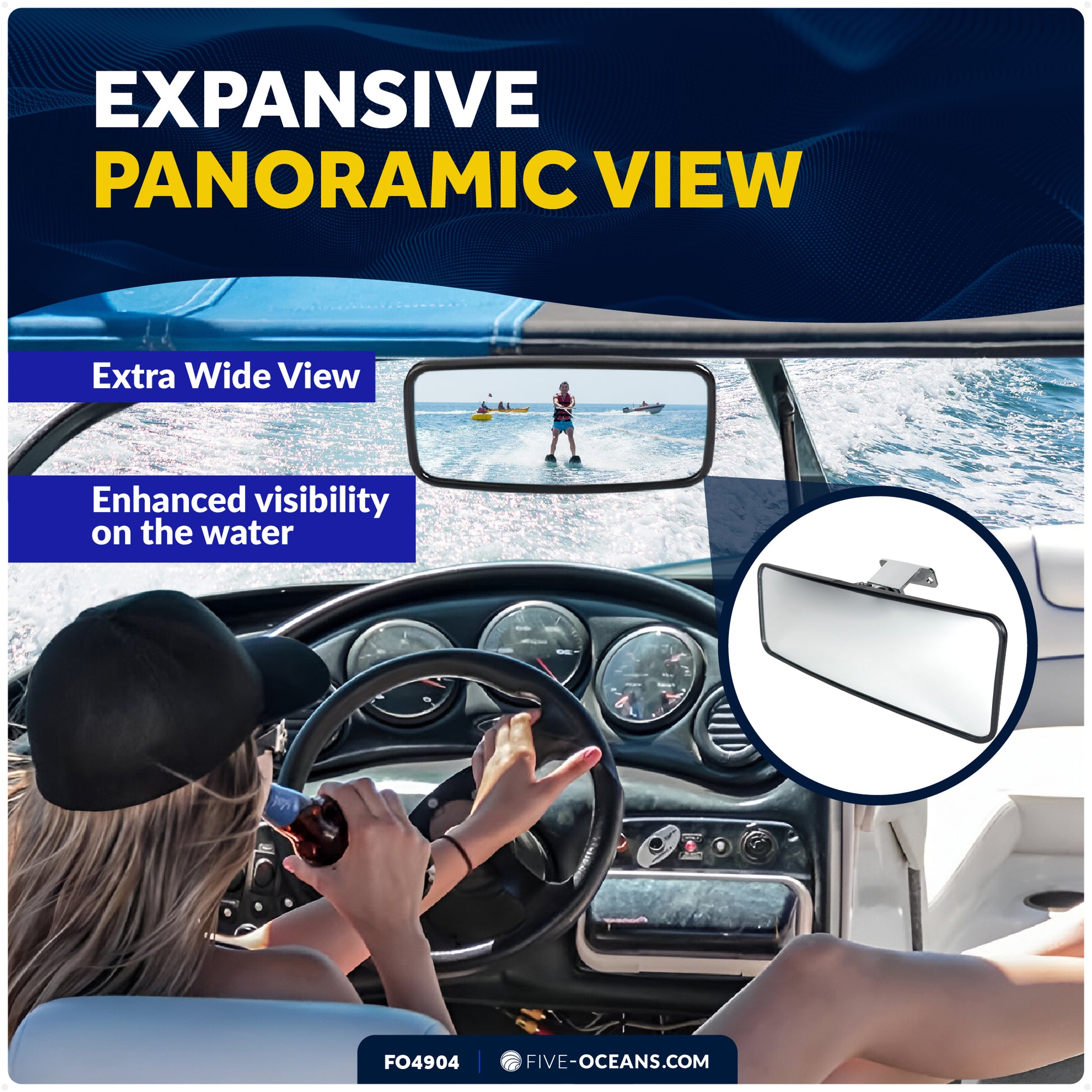 Boat Ski Mirror Large 11-3/4" x 4", Wide View - FO4904 - Five Oceans