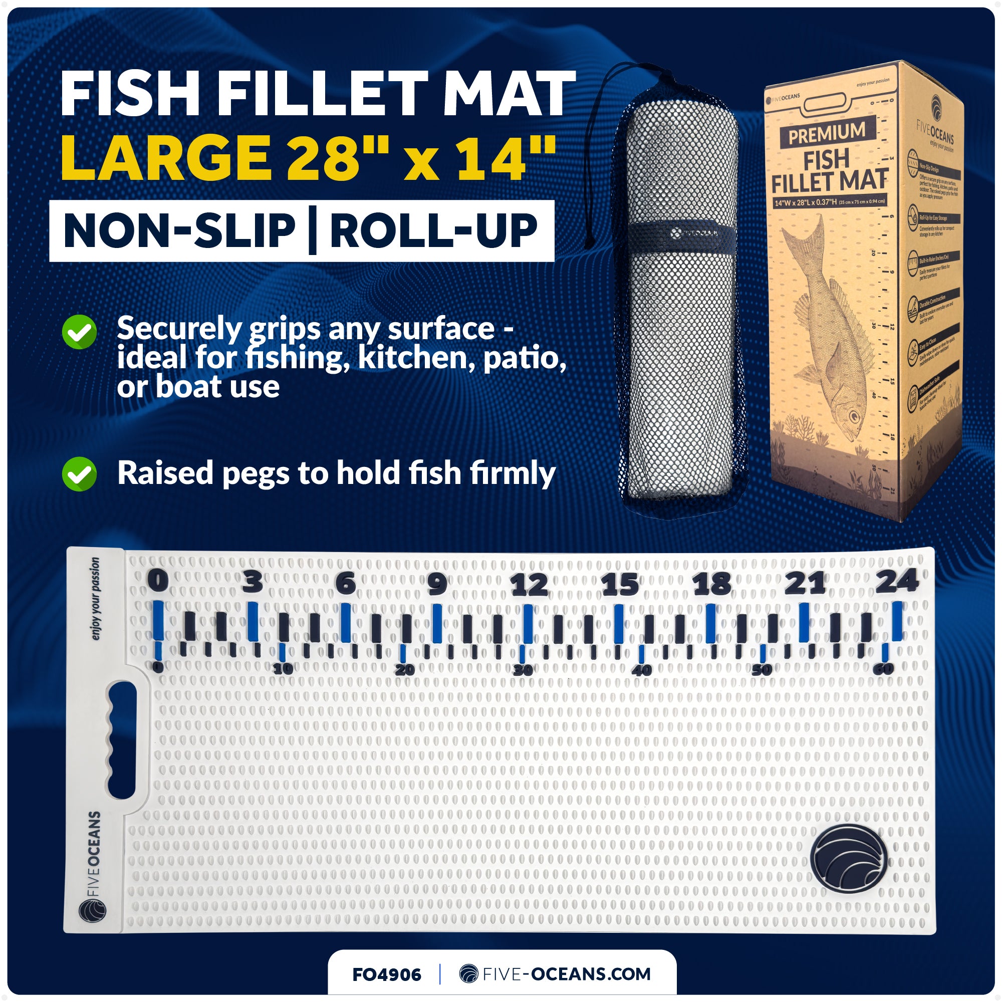 Fish Fillet Mat 28" x 14", White - Heavy-Duty Non-Slip Roll-Up Cutting Board, Dishwasher Safe with 24" Ruler - FO4906