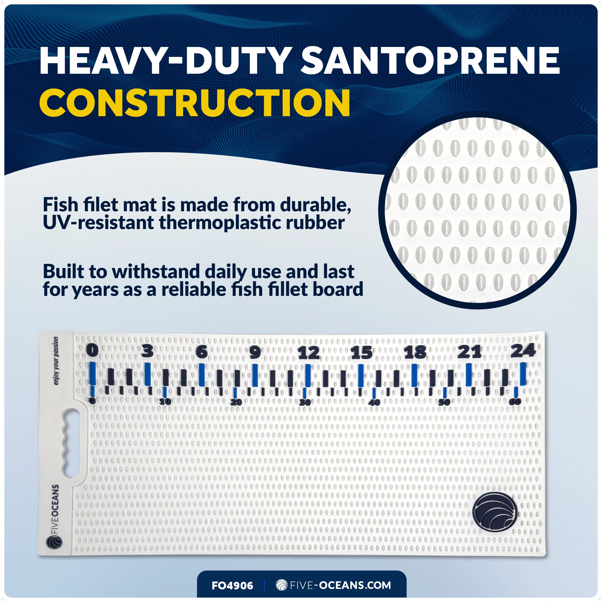 Fish Fillet Mat 28" x 14", White - Heavy-Duty Non-Slip Roll-Up Cutting Board, Dishwasher Safe with 24" Ruler - FO4906