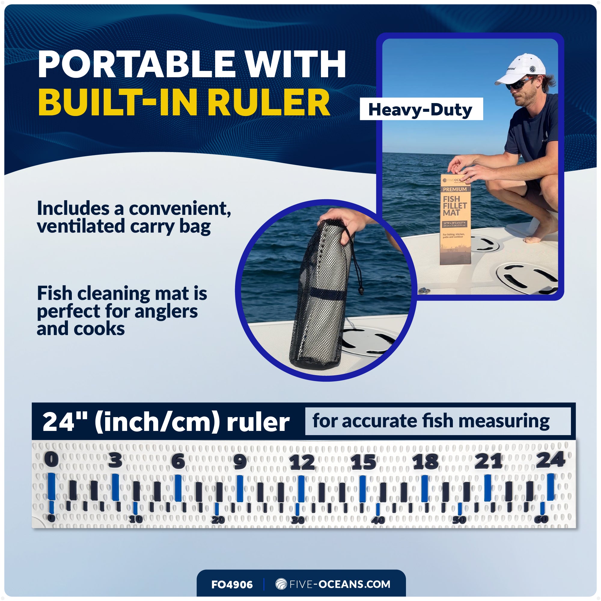 Fish Fillet Mat 28" x 14", White - Heavy-Duty Non-Slip Roll-Up Cutting Board, Dishwasher Safe with 24" Ruler - FO4906