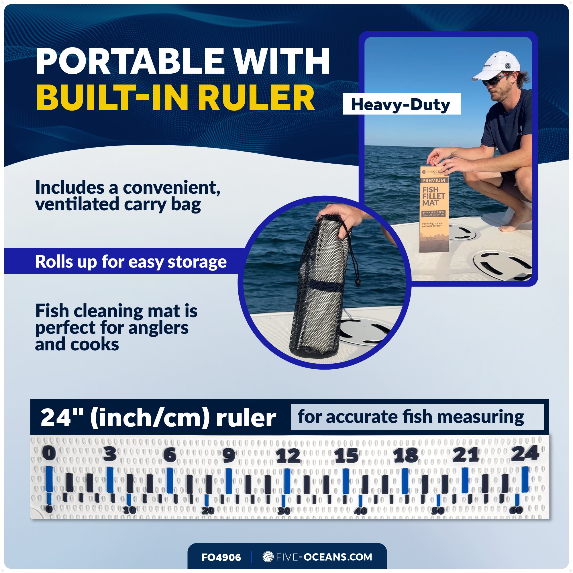 Fish Fillet Mat 28"x14" - Non-Slip Roll-Up Cutting Board, Dishwasher Safe for Boat Fishing, Home Kitchen, Patio BBQ & Outdoor Tables - FO4906