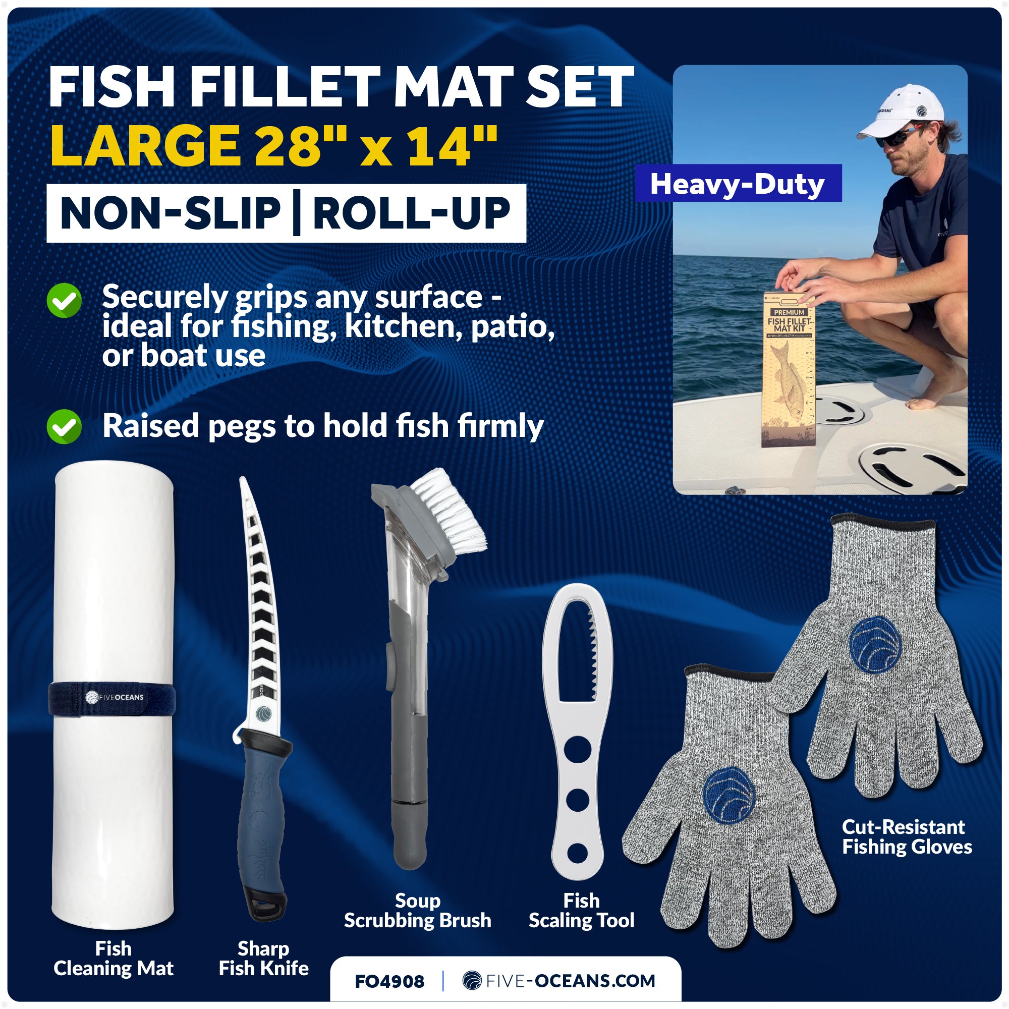 Fish Fillet Mat Kit 28" x 14", White with Fish Knife, Fishing Gloves, Fish Scaling Tool & Soup Scrubbing Brush - FO4908