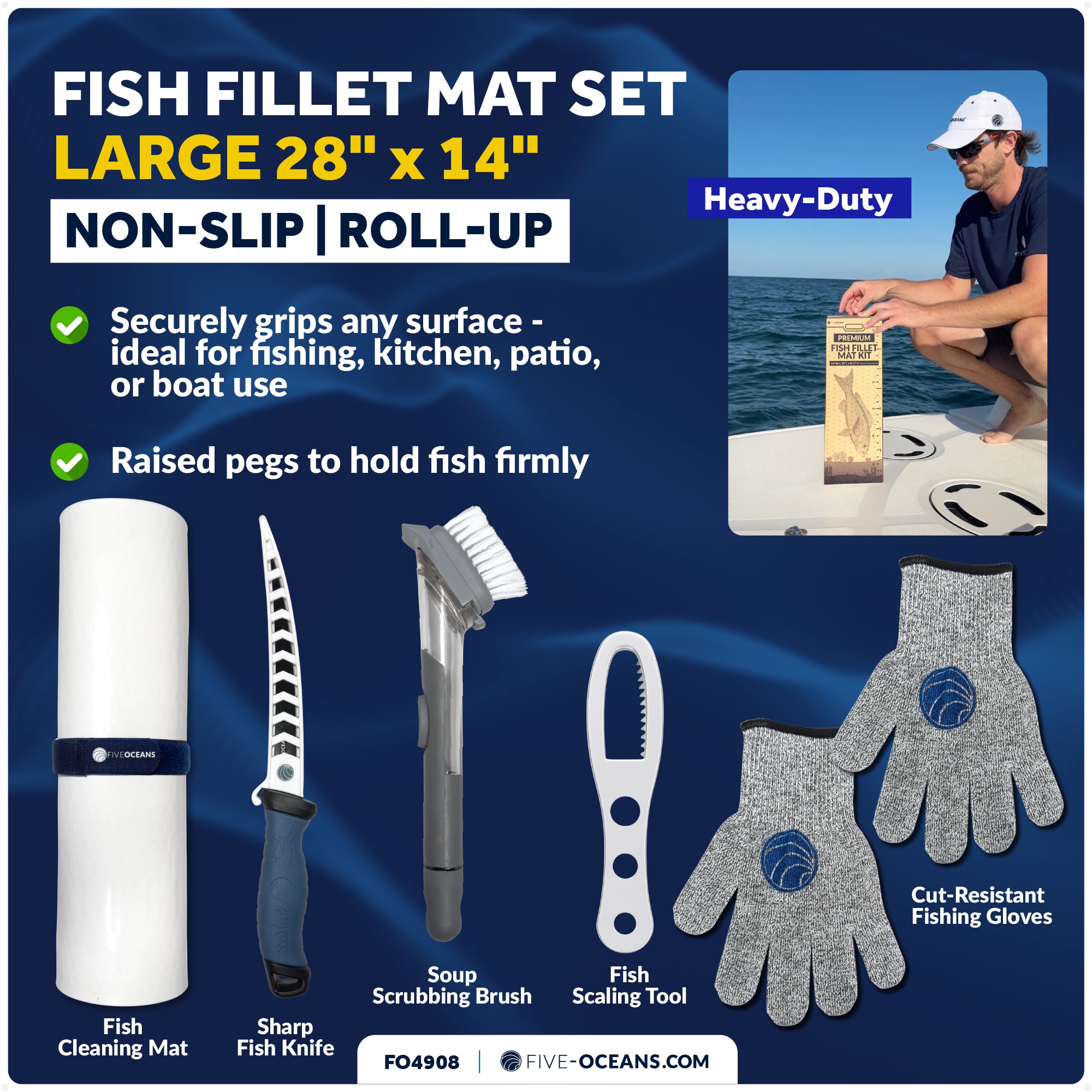 Fish Fillet Mat Kit 28"x14" - Complete Fish Cleaning Set with Knife, Gloves, Scaling Tool & Scrubbing Brush for Boat Fishing, Home Kitchen, Patio BBQ & Outdoor Tables - FO4908