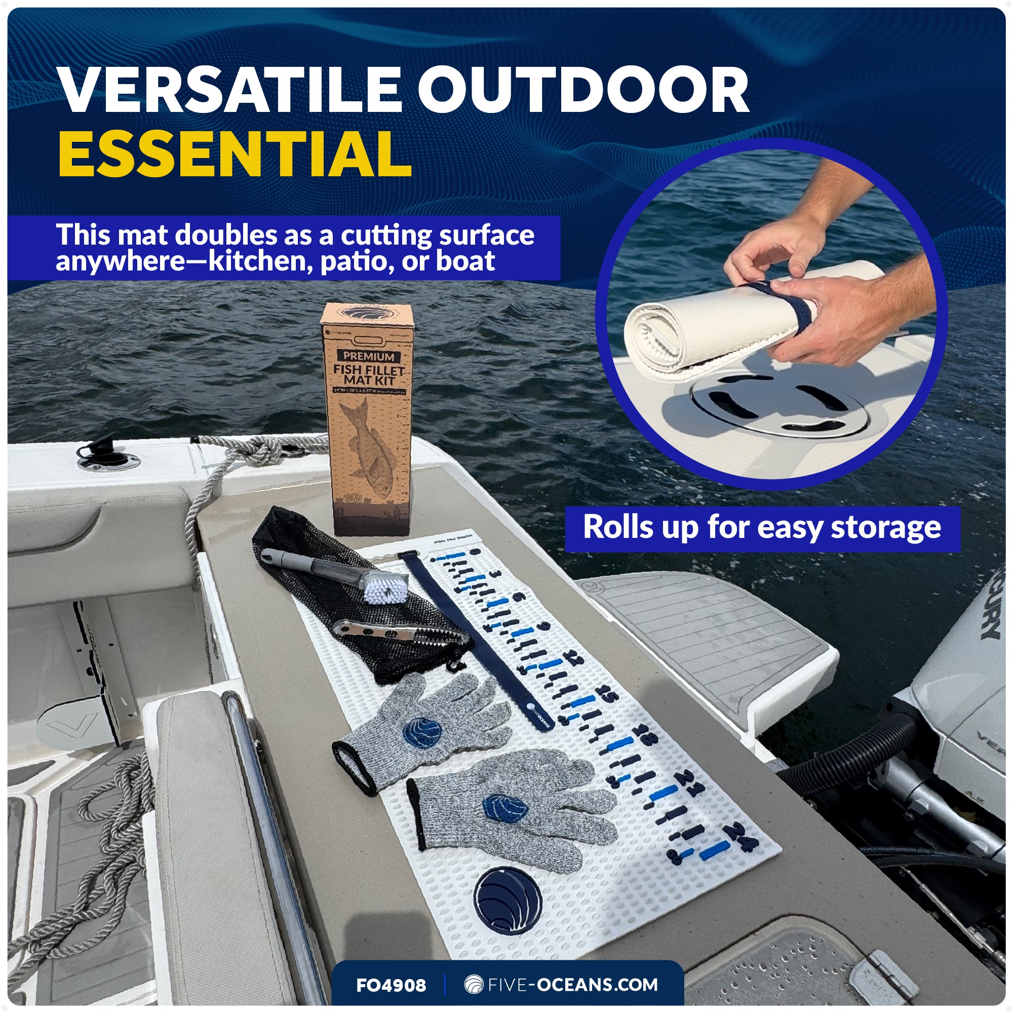 Fish Fillet Mat Kit 28" x 14", White with Fish Knife, Fishing Gloves, Fish Scaling Tool & Soup Scrubbing Brush - FO4908