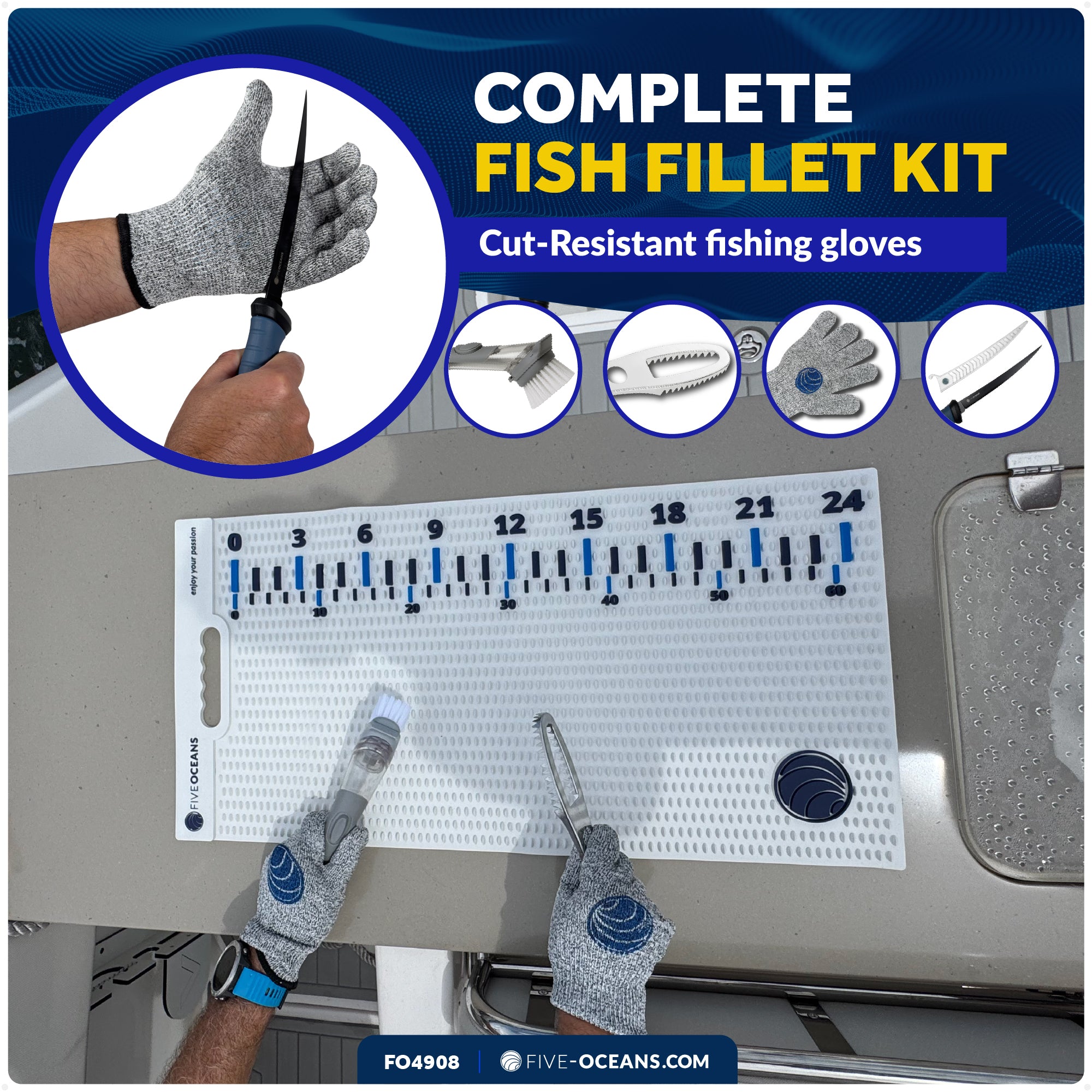 Fish Fillet Mat Kit 28" x 14", White with Fish Knife, Fishing Gloves, Fish Scaling Tool & Soup Scrubbing Brush - FO4908
